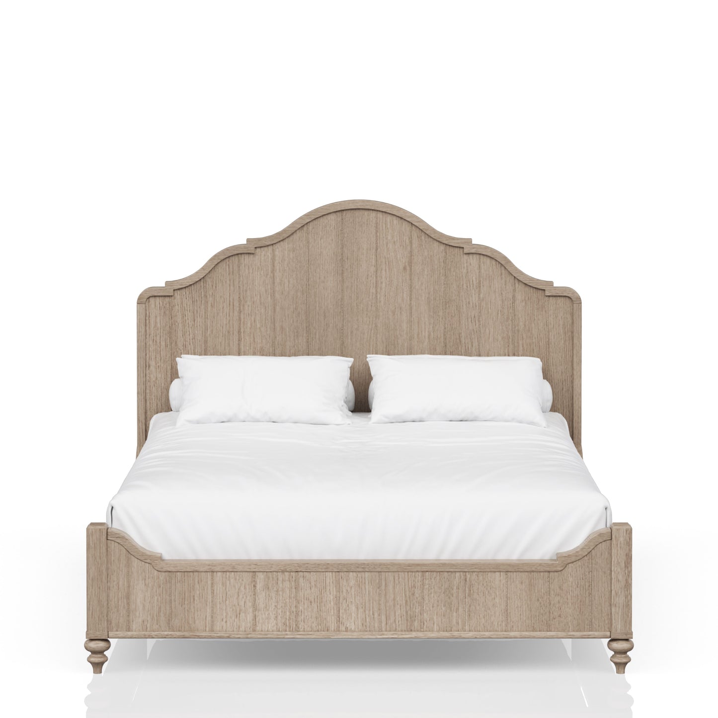 Vintagestyle wooden bed frame with ornate headboard and white linens
