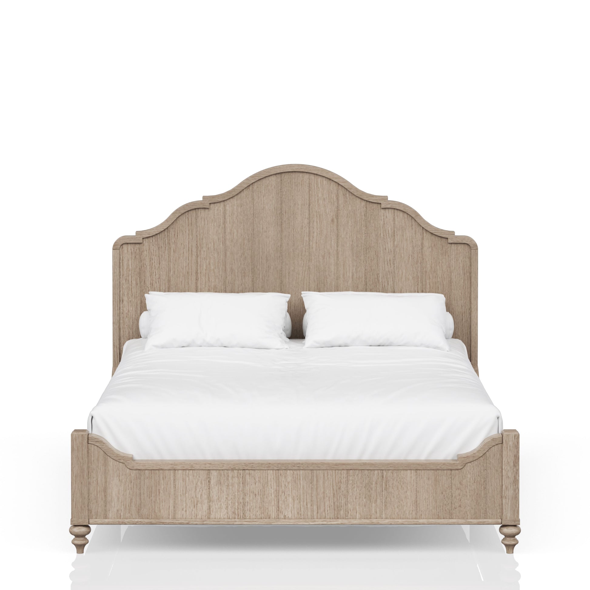 Vintagestyle wooden bed frame with ornate headboard and white linens