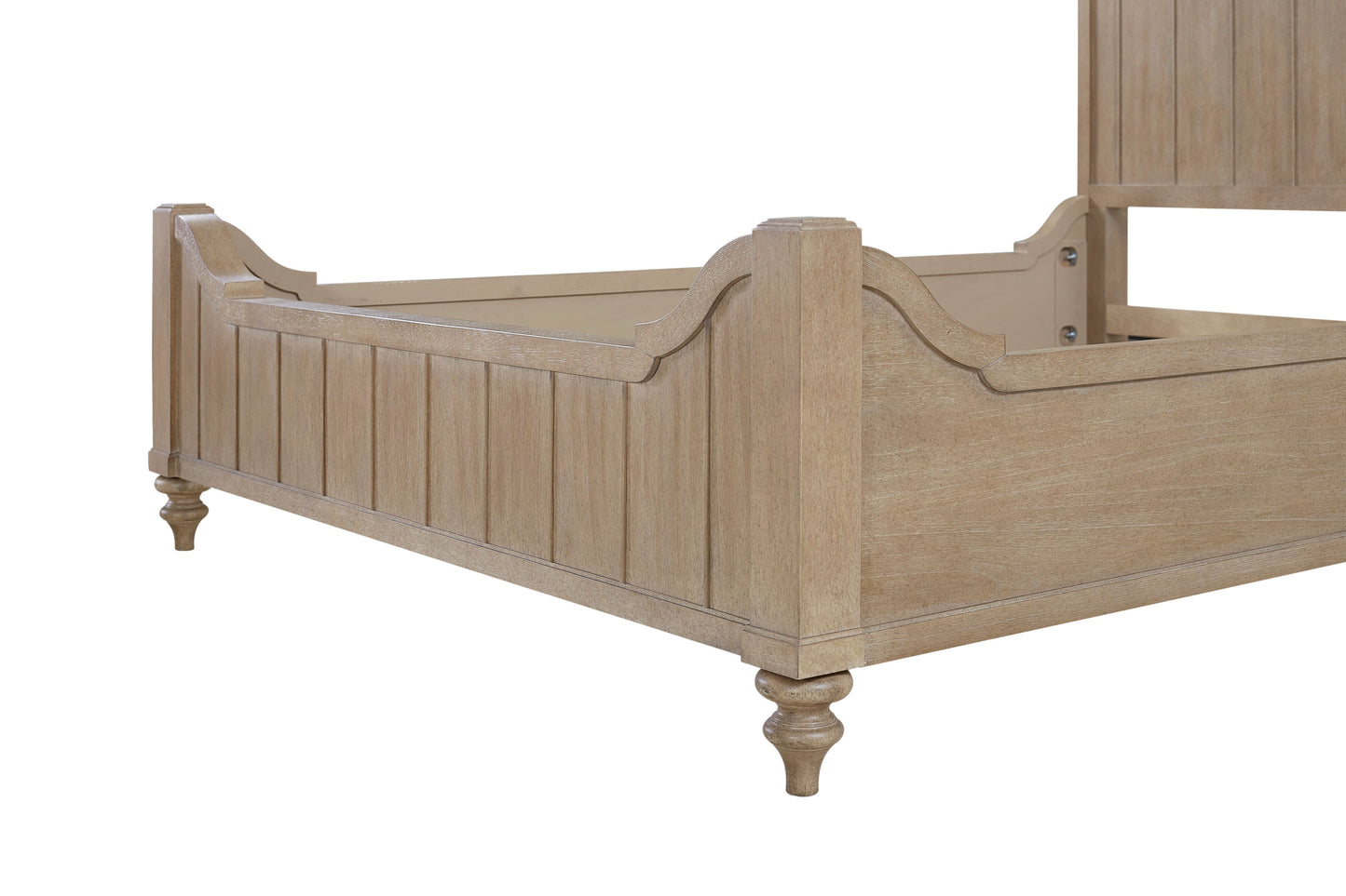 Weathered oak wood king bed frame with paneled headboard and footboard
