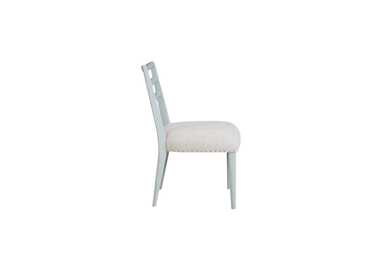Light blue dining chair with woven seat and decorative nailhead trim