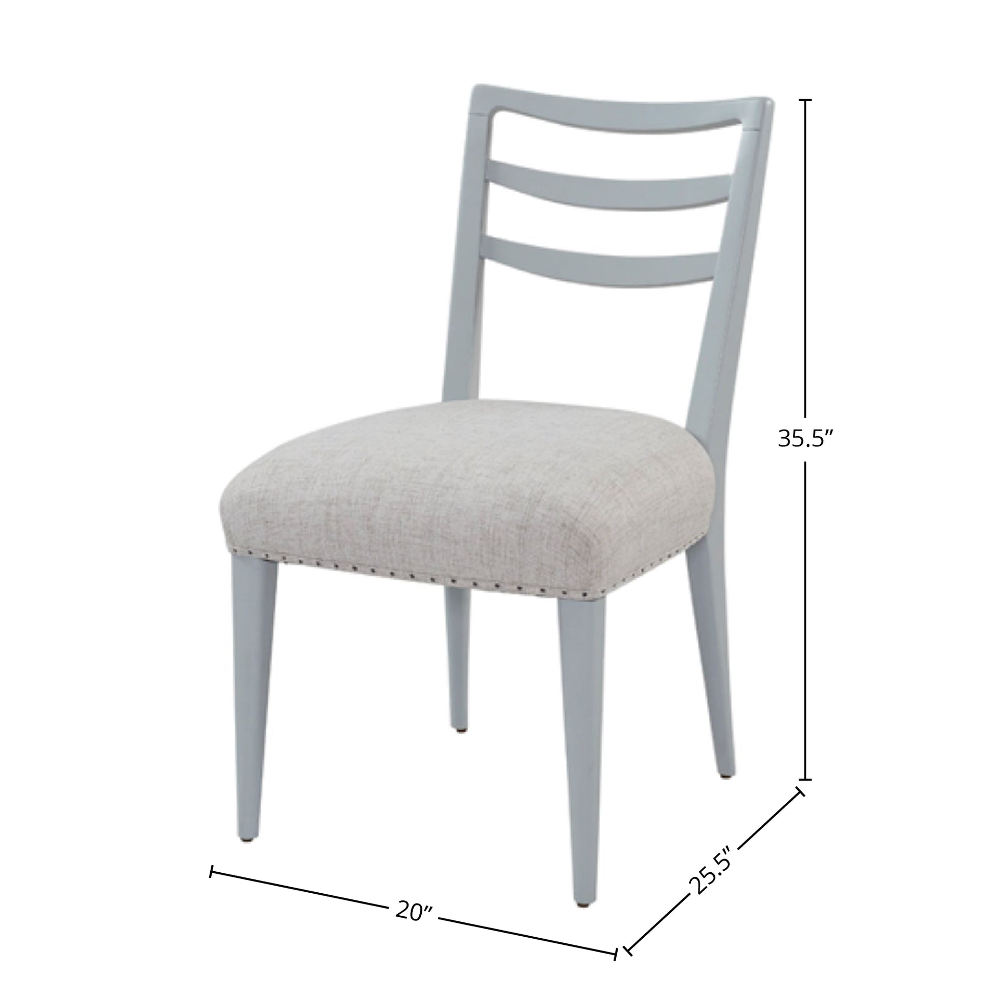 Light grey ladder back dining chair with a cream linen upholstered seat