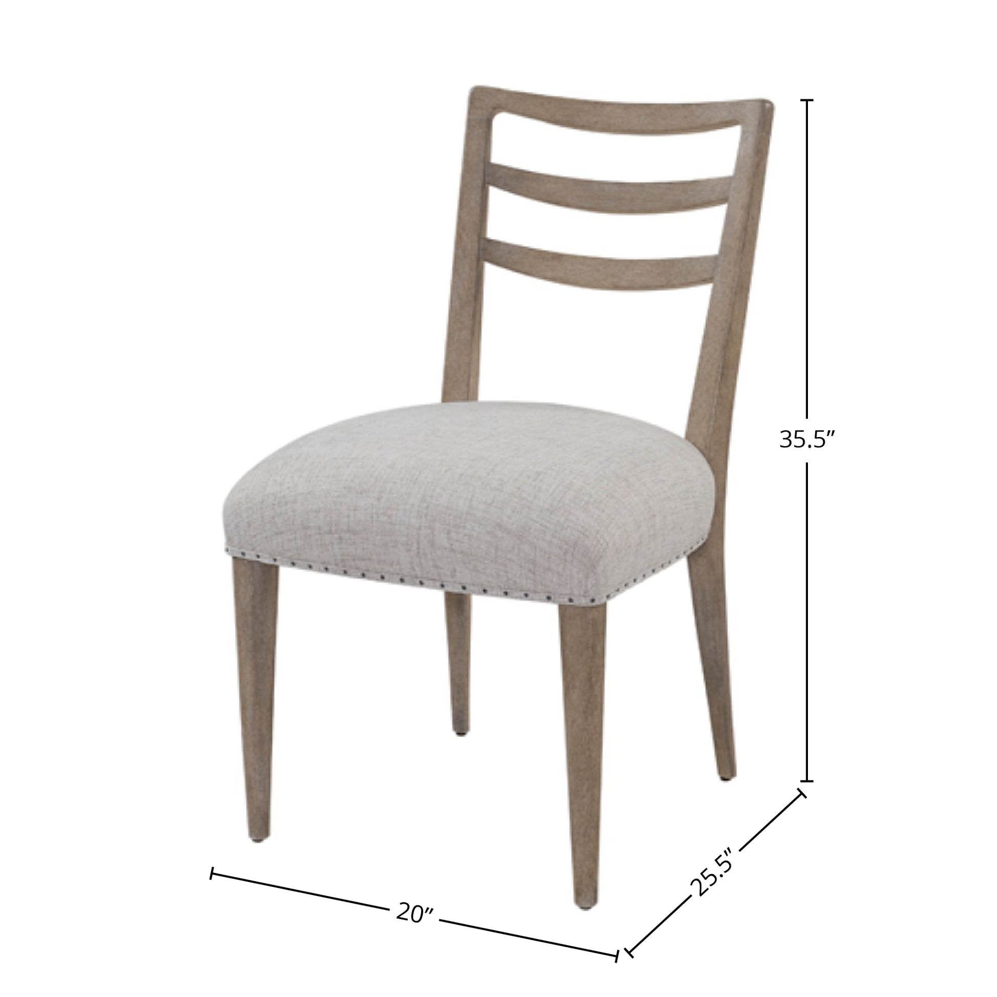 Neutral linen dining chair with natural wood frame and nailhead trim