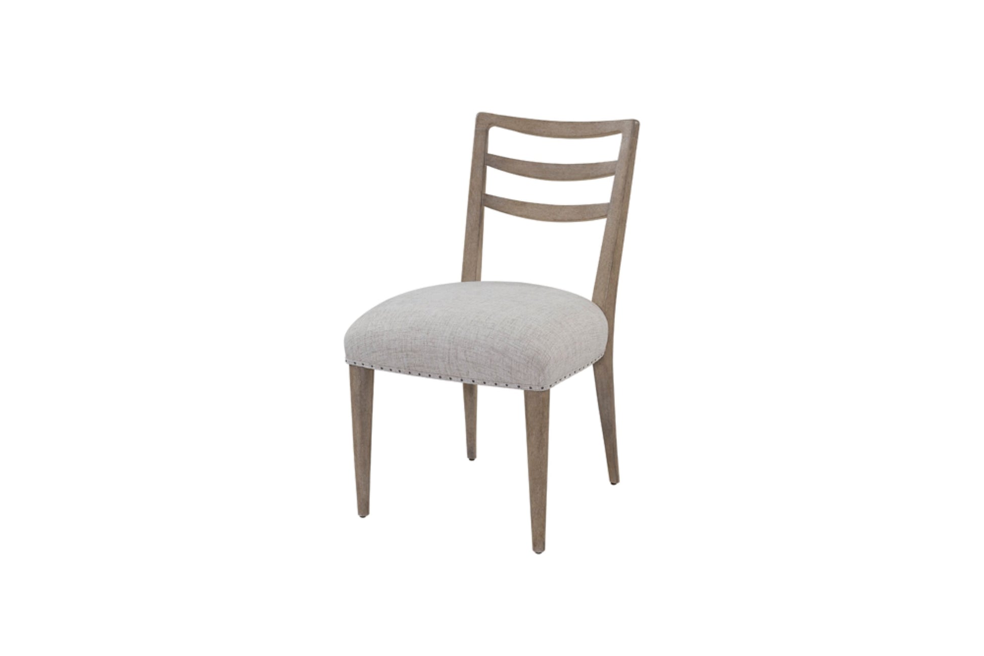 Neutral linen dining chair with wooden legs and nailhead trim