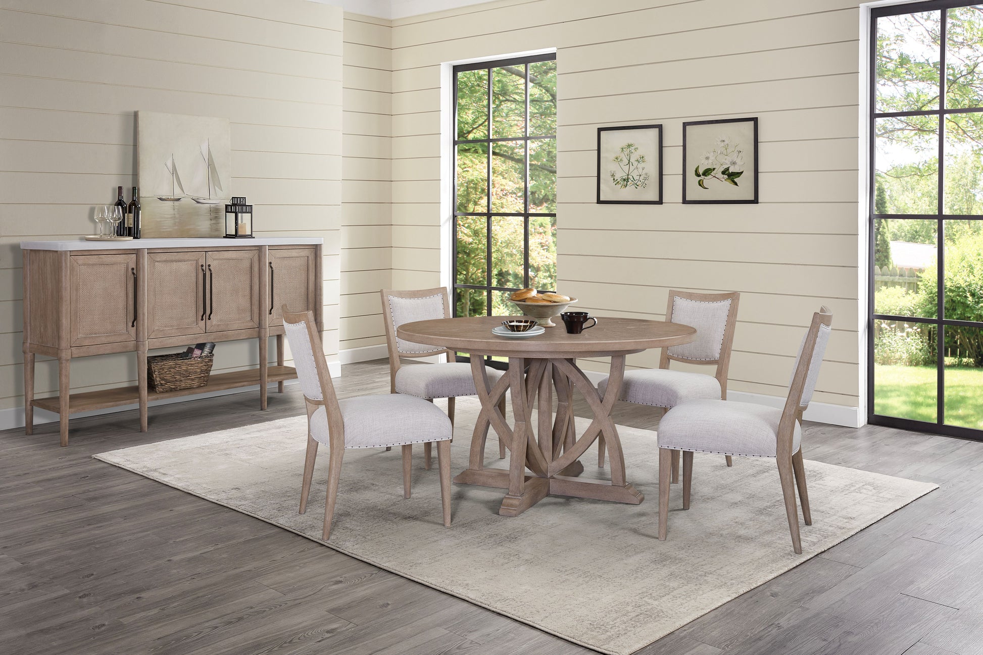 Round wood dining table with weathered finish