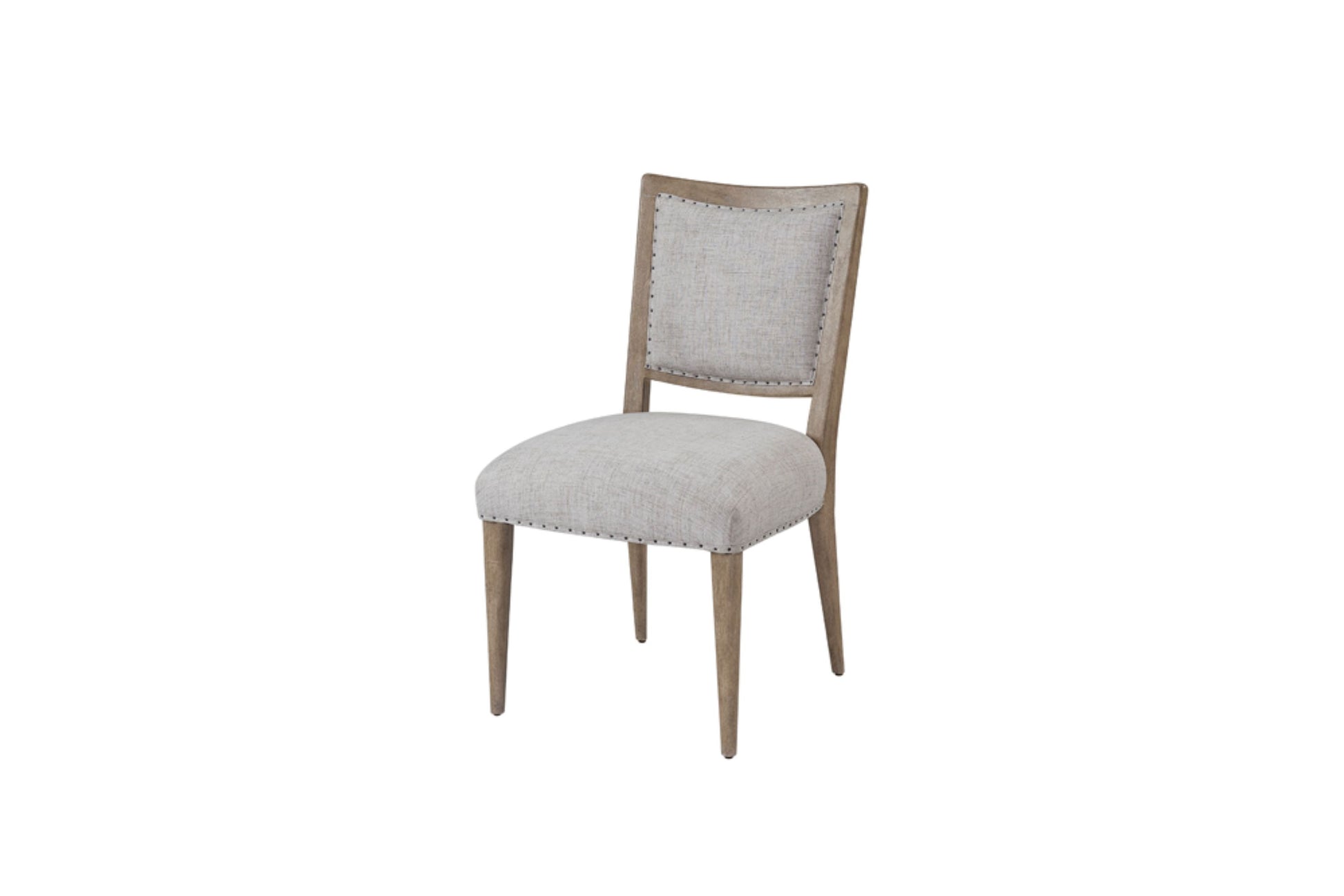 Upholstered dining chair with nailhead trim and light oak legs