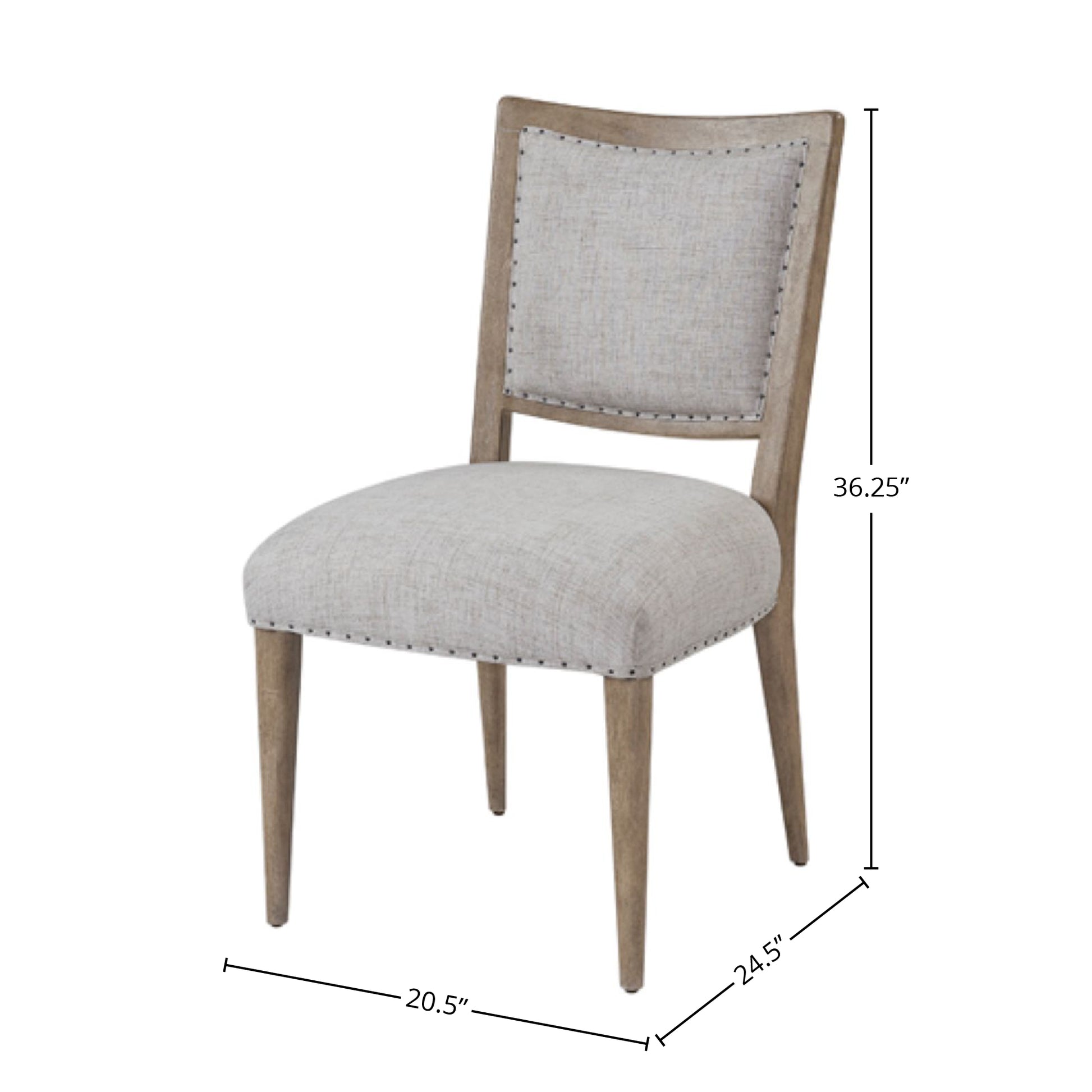 Tufted linen dining chair with a weathered oak frame