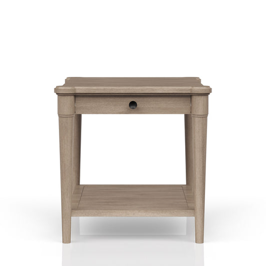Light oak end table with single drawer and open shelf