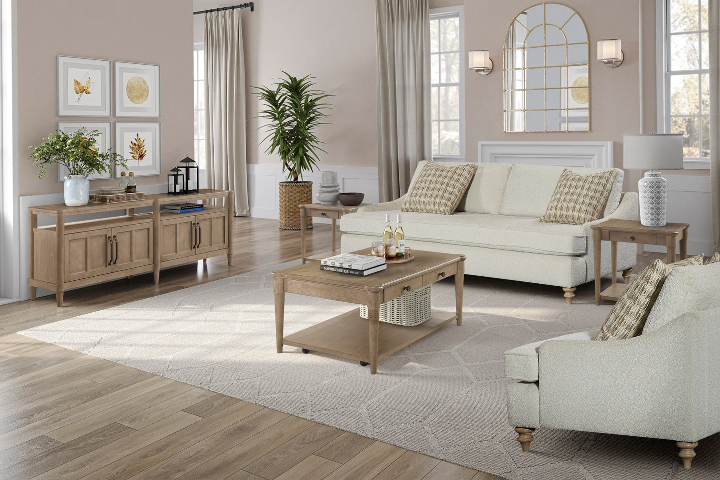 Light oak coffee table with textured baskets and decorative books