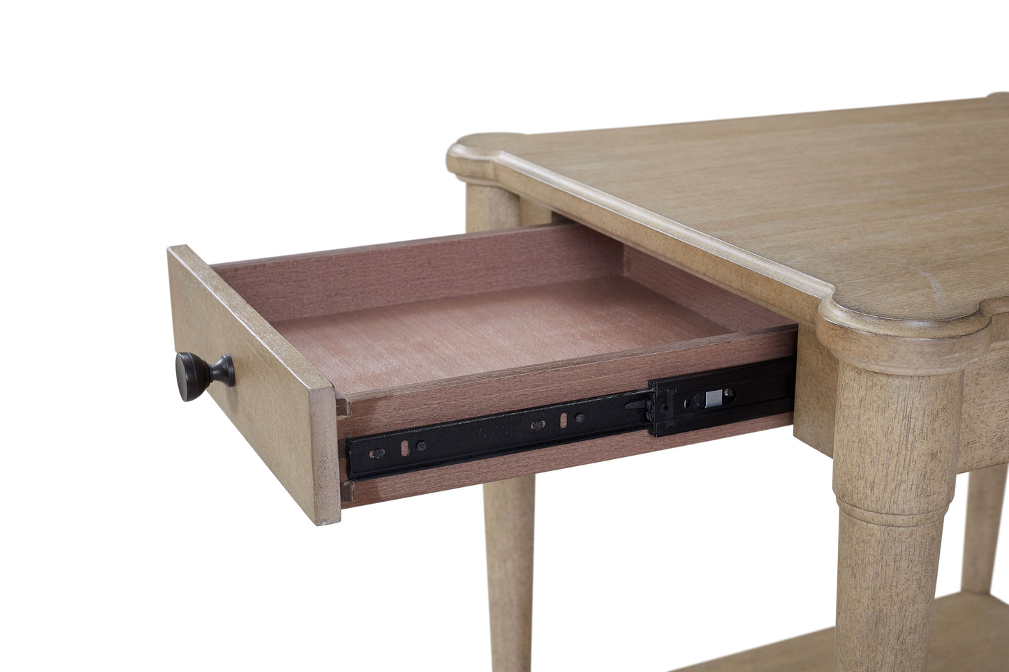 Light brown wooden end table with one open drawer and black knob