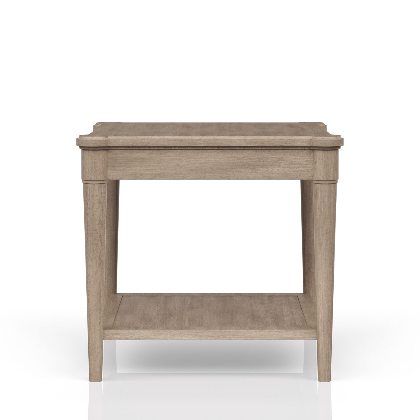 Light oak wood end table with a single shelf and carved details