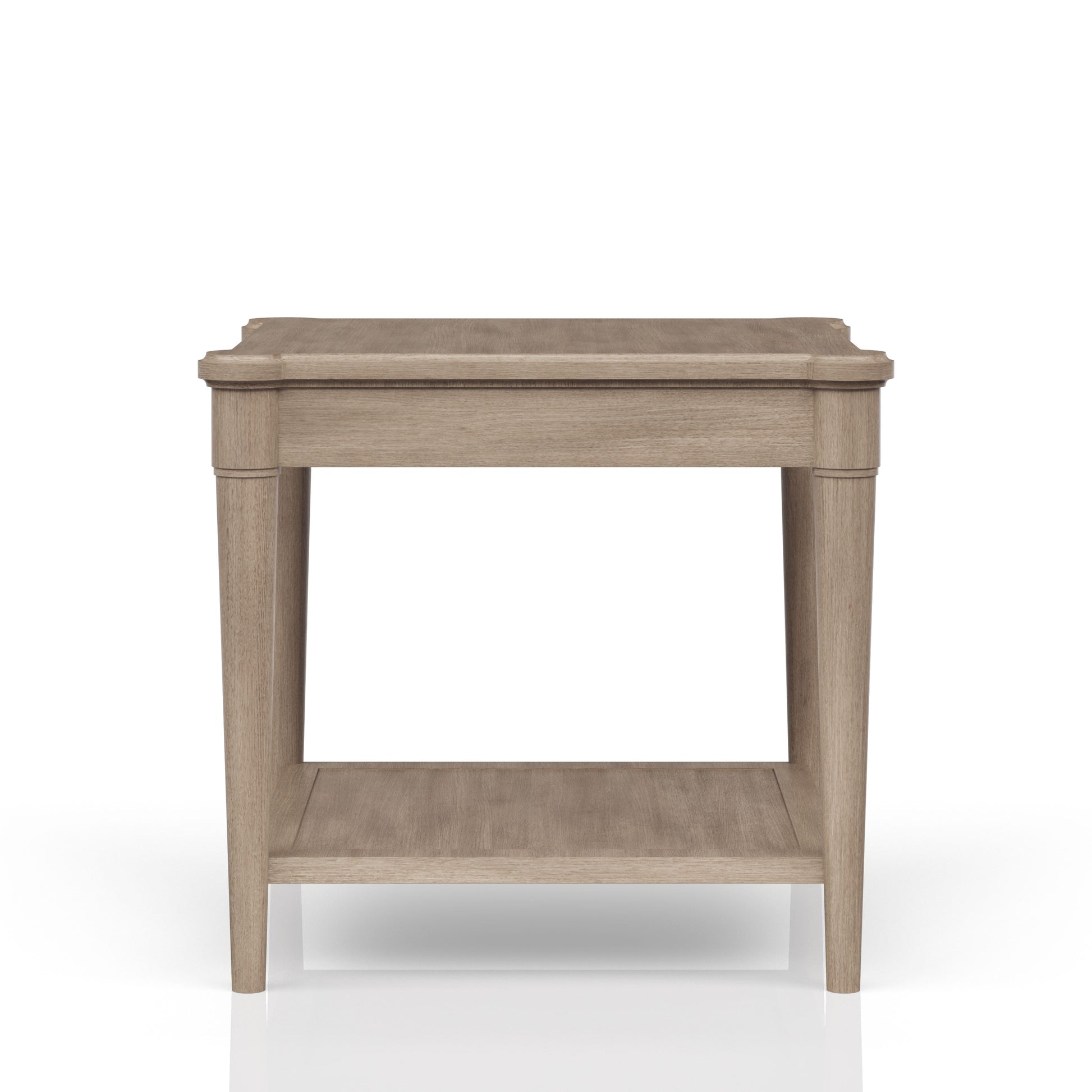 Light oak wood end table with a single shelf and carved details