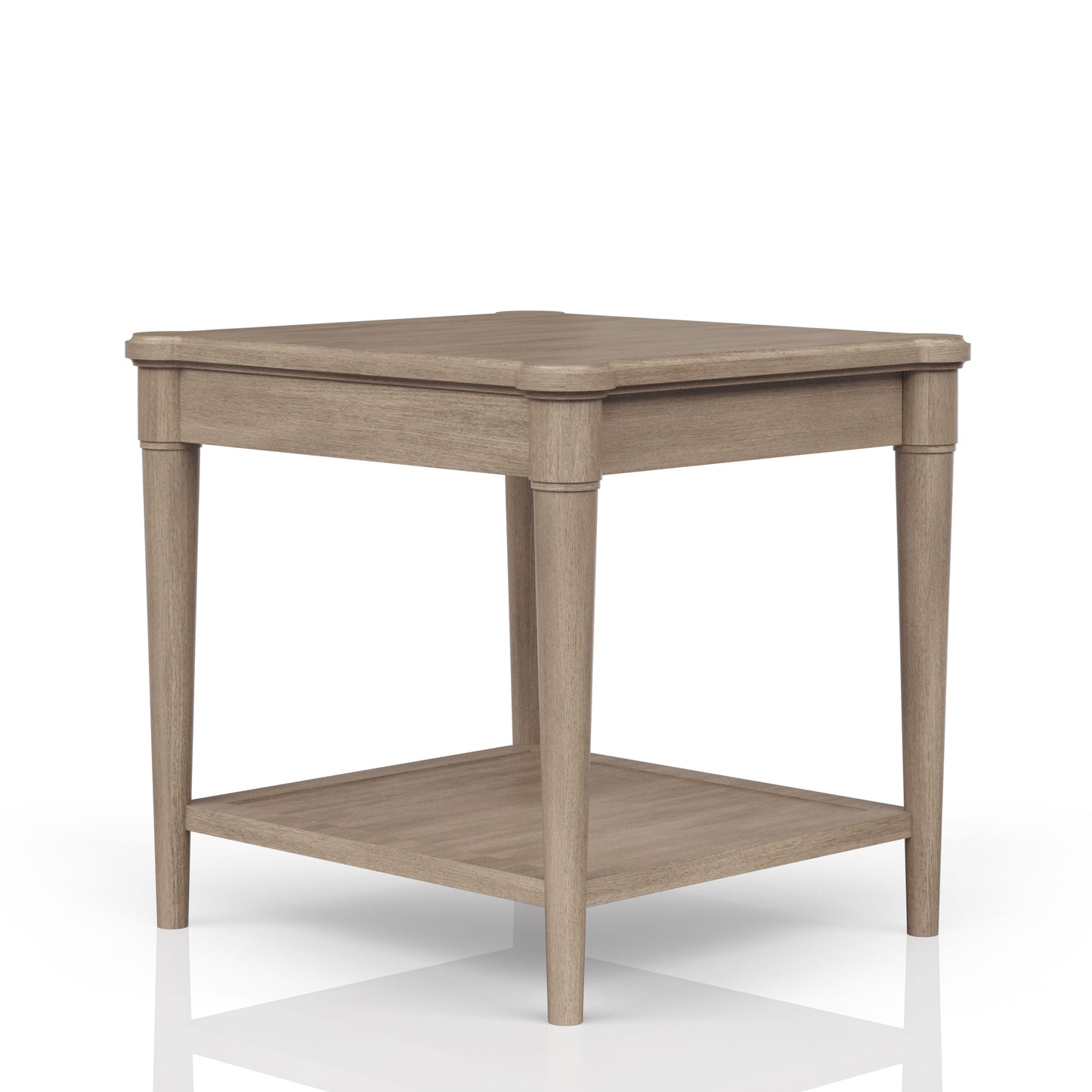 Light oak wood end table with a lower shelf and turned legs