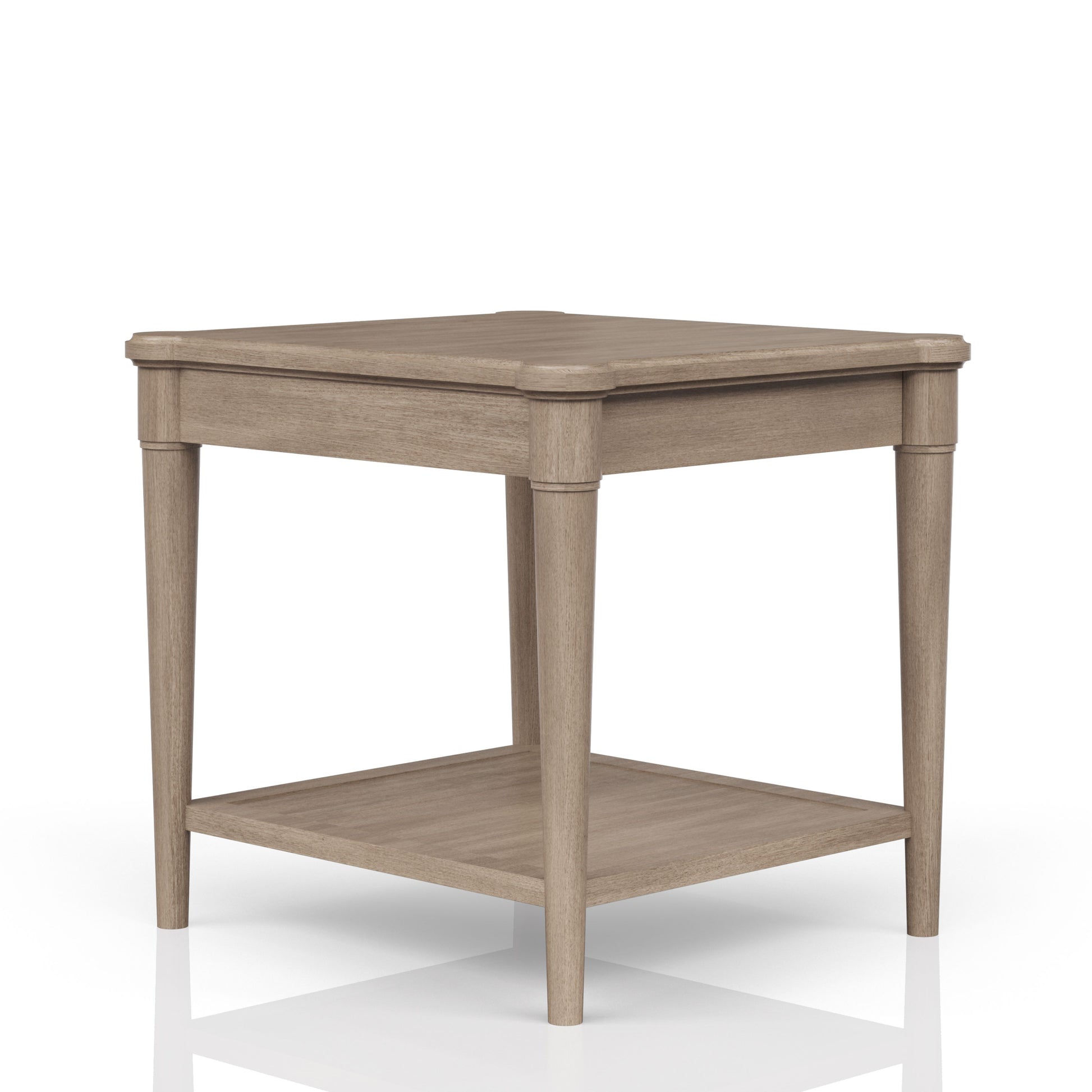 Light oak wood end table with a lower shelf and turned legs