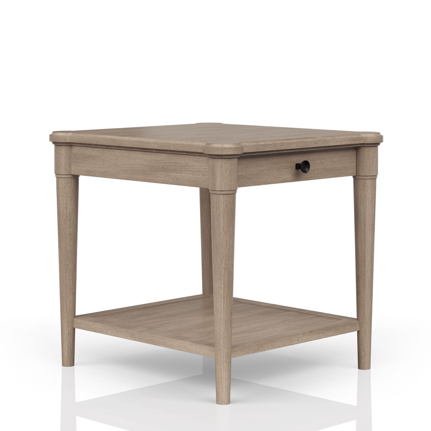 Light oak wood end table with drawer and lower shelf