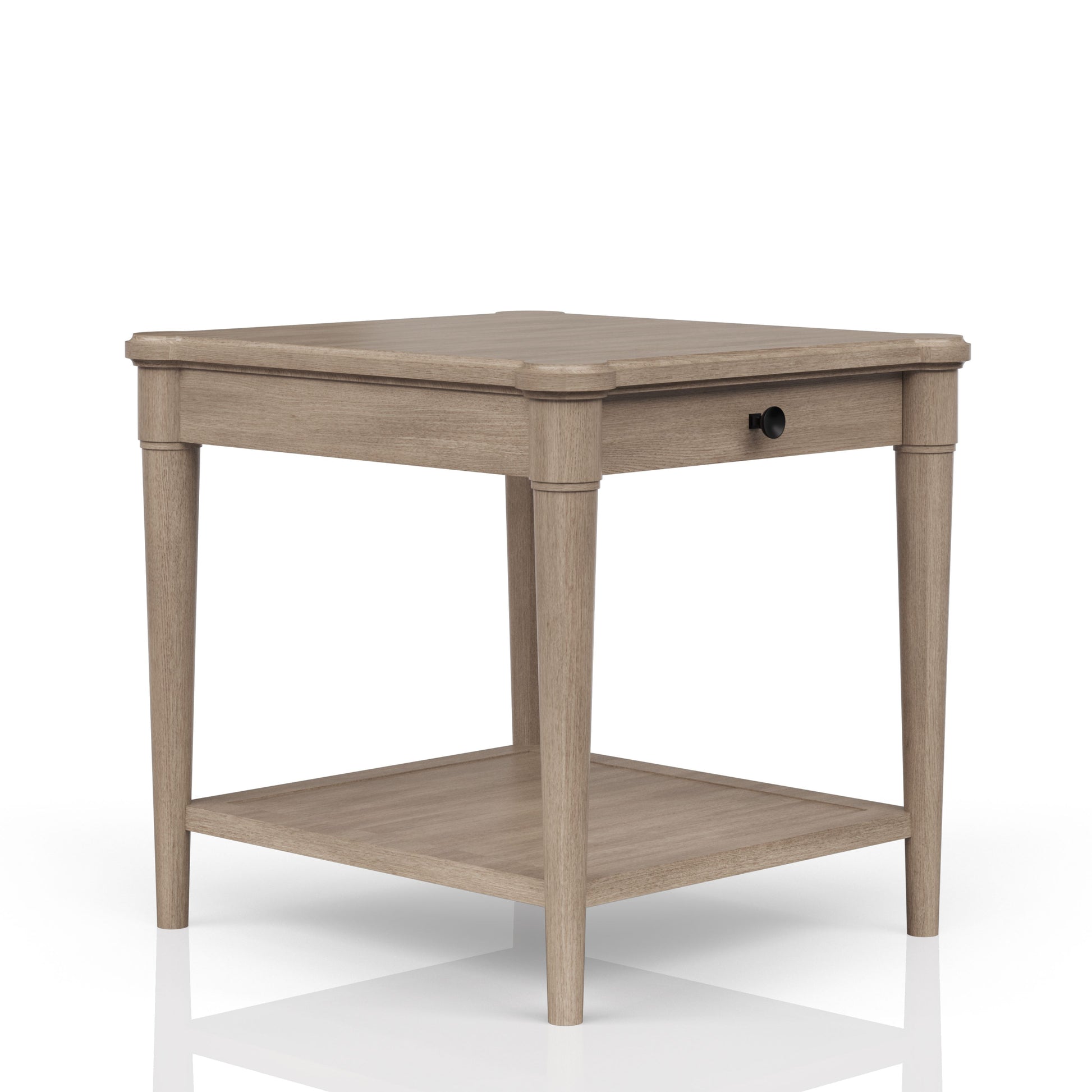 Light oak wood end table with drawer and lower shelf