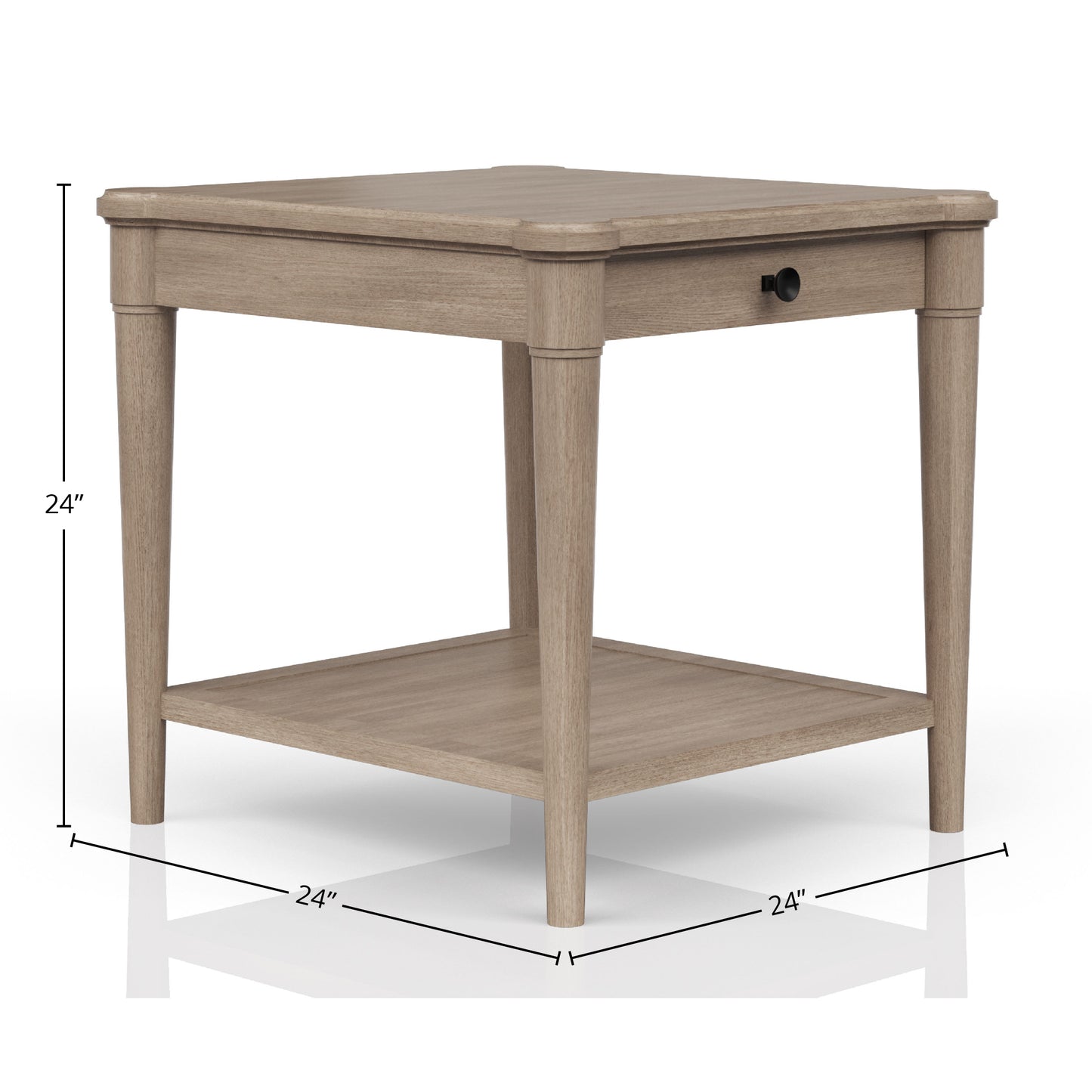 Light oak end table with tapered legs and one drawer
