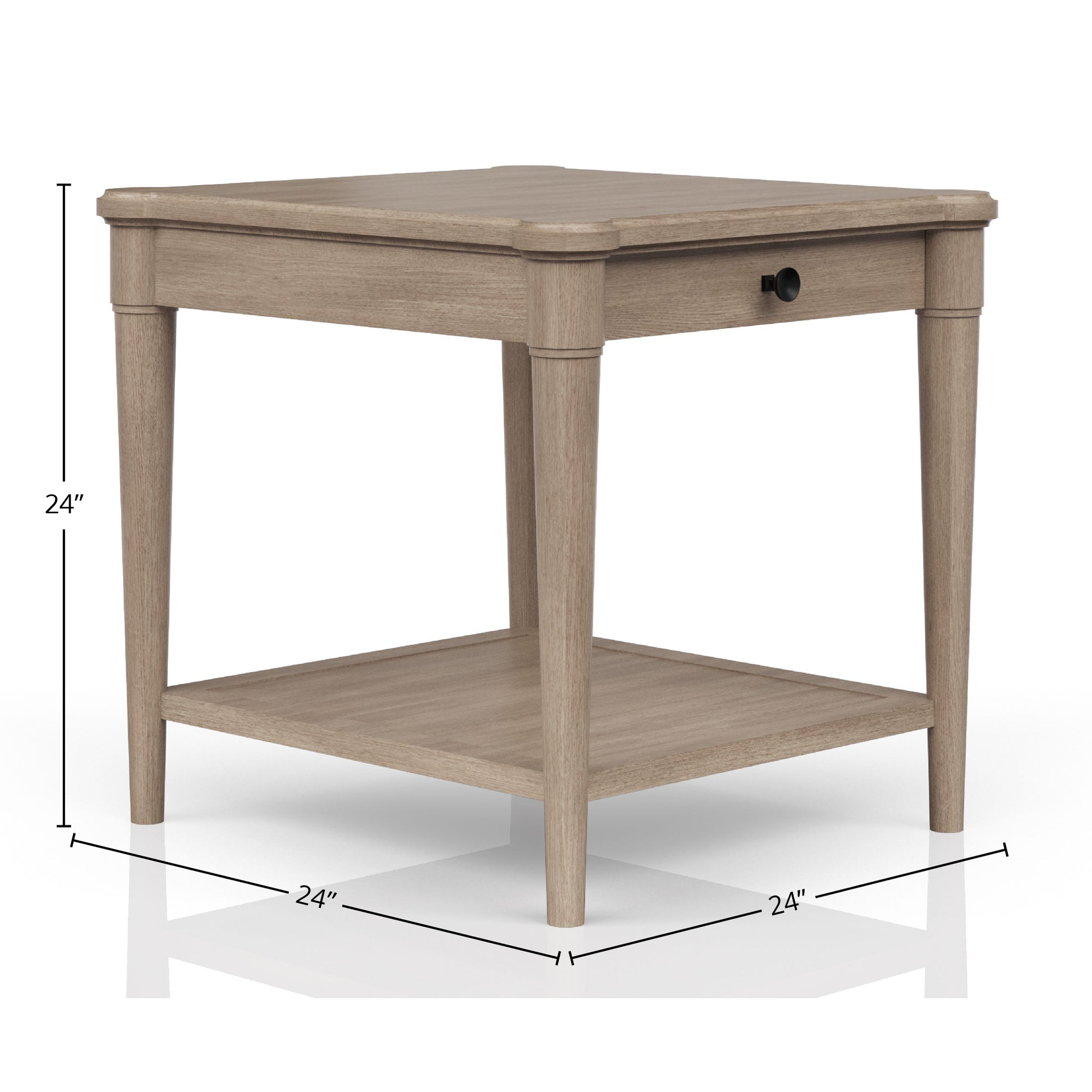 Light oak end table with tapered legs and one drawer