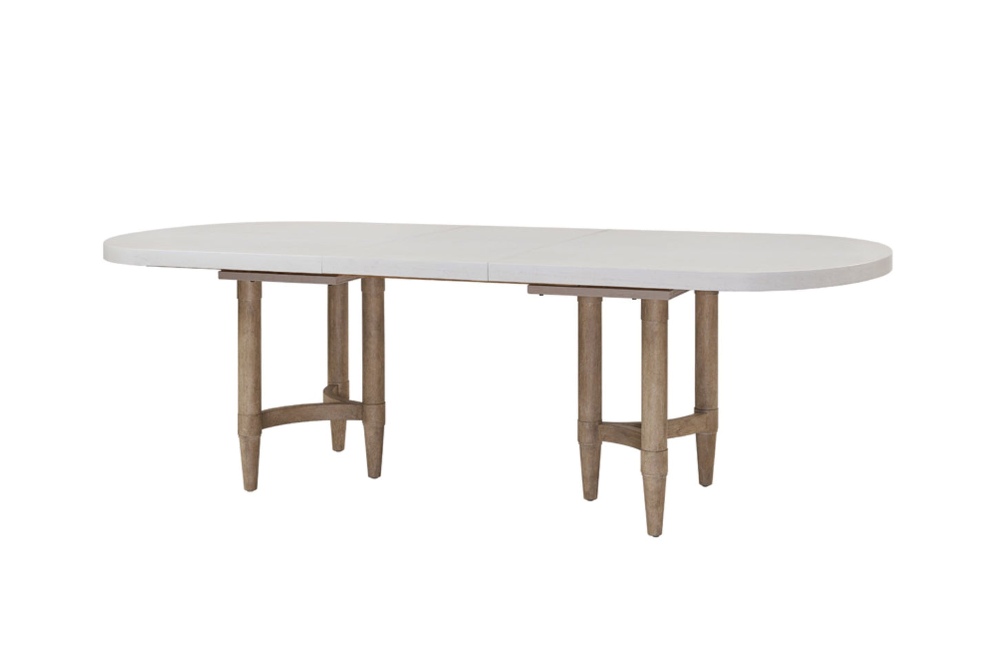 White oval dining table with light wood legs