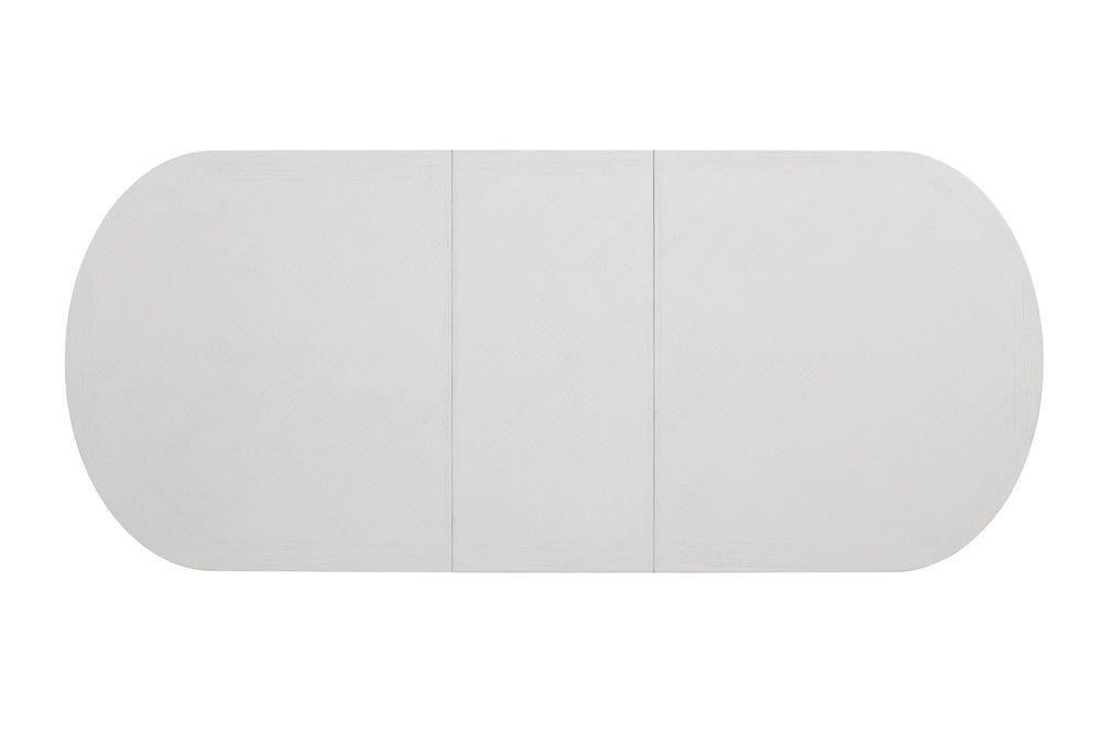White oval dining table with textured wood grain surface