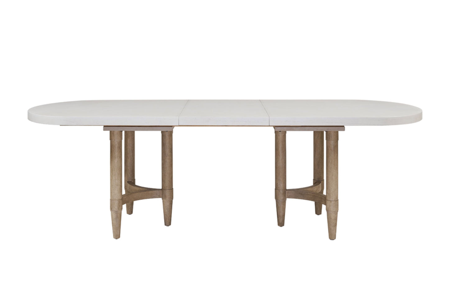 Modern oval dining table with light stone top and natural wood legs