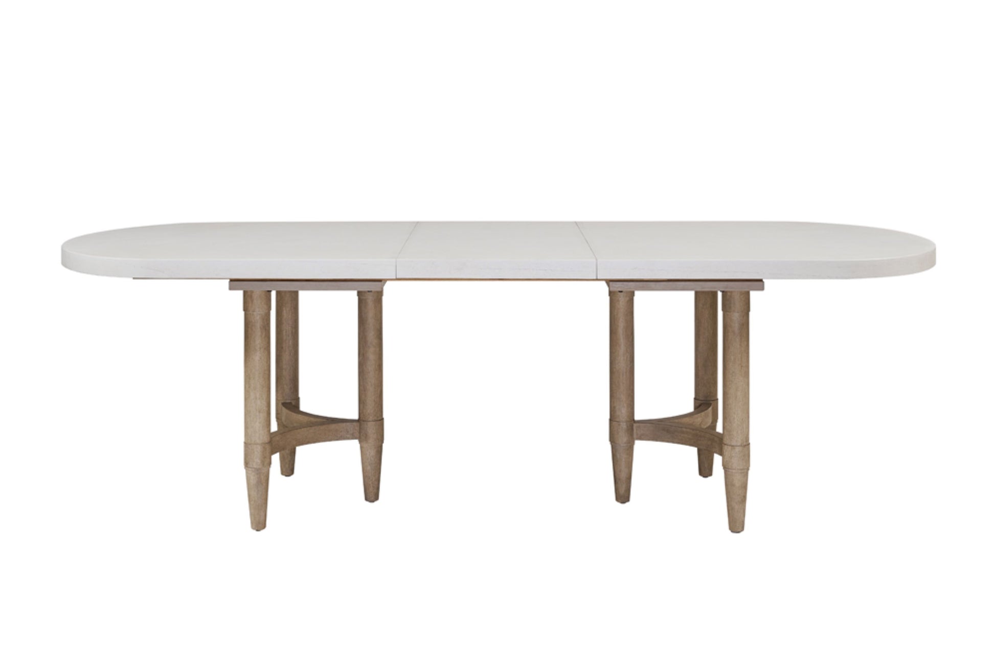 Modern oval dining table with light stone top and natural wood legs