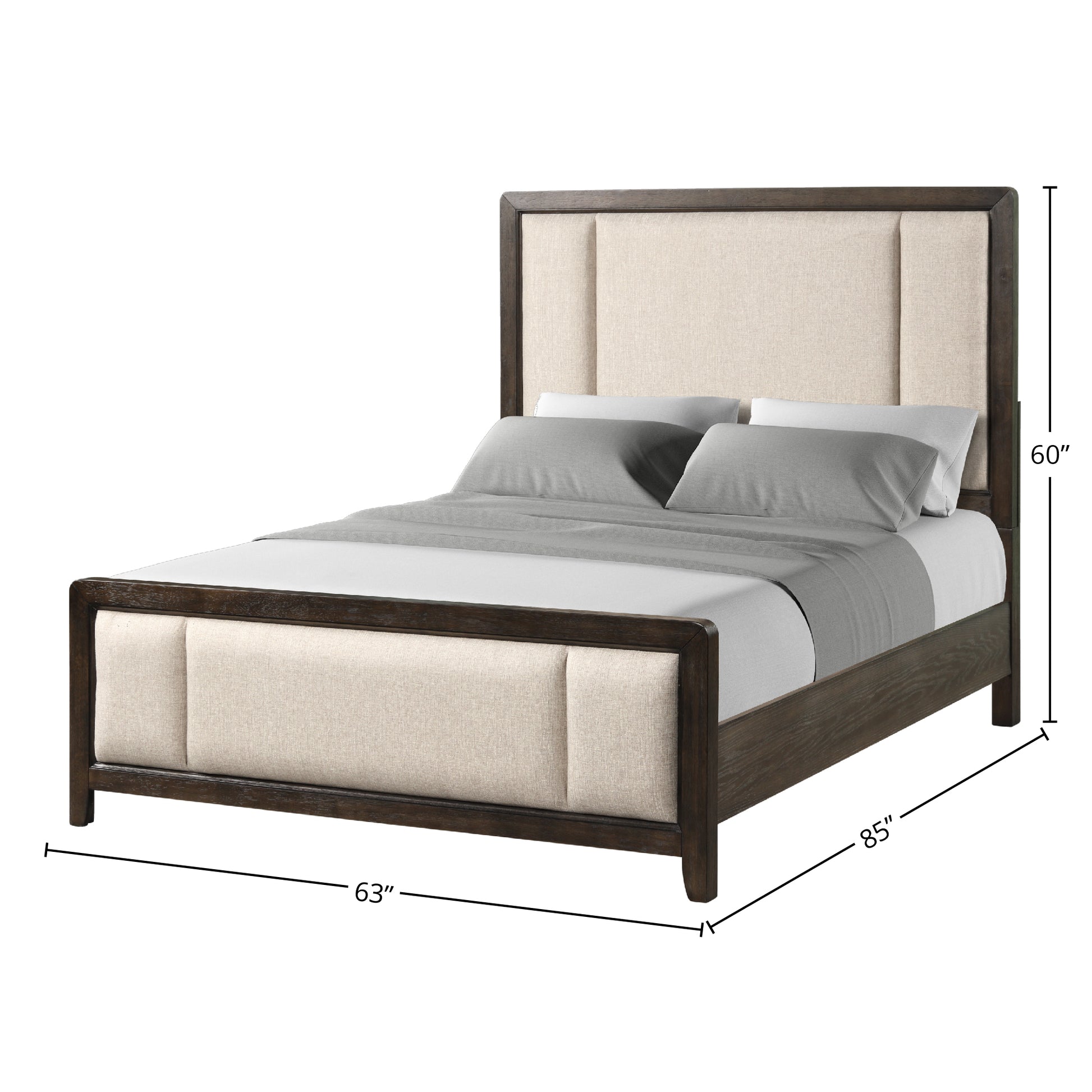 Dark wood frame tufted upholstered bed with neutral fabric queen size dimensions
