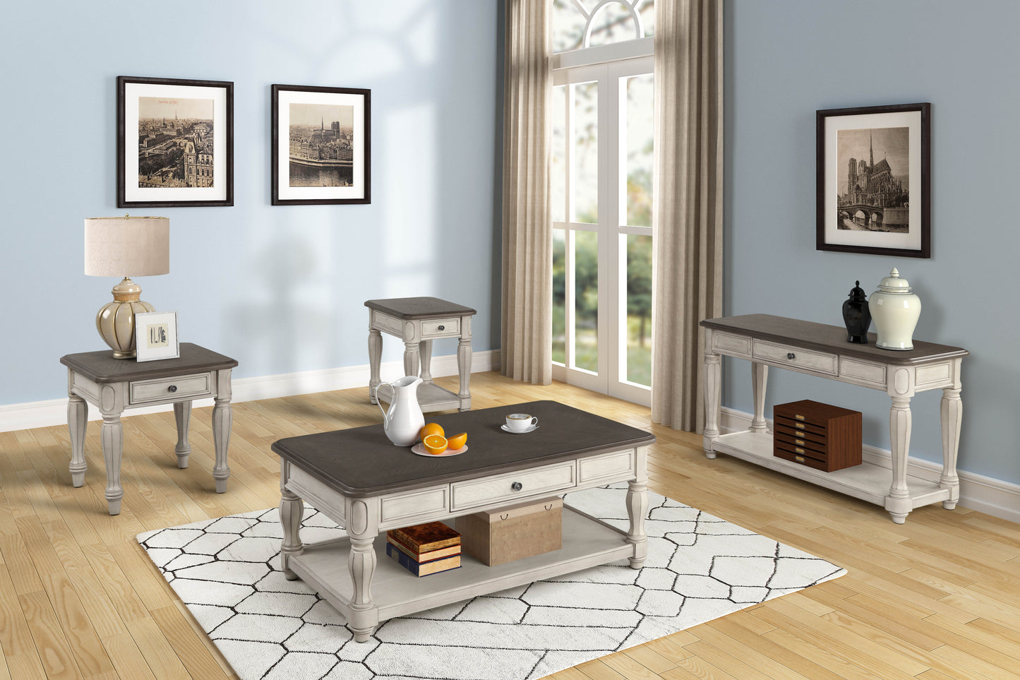 French country coffee table with dark wood top and distressed white base