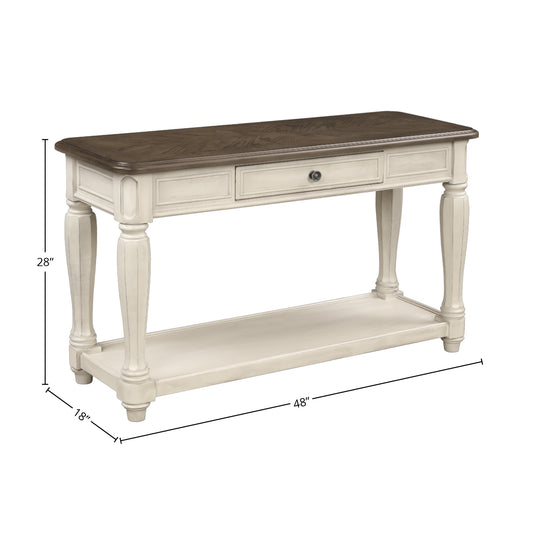 White and brown console table with drawer and shelf