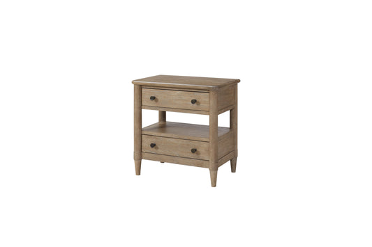 Rustic oak twodrawer nightstand with brushed nickel hardware and open shelf