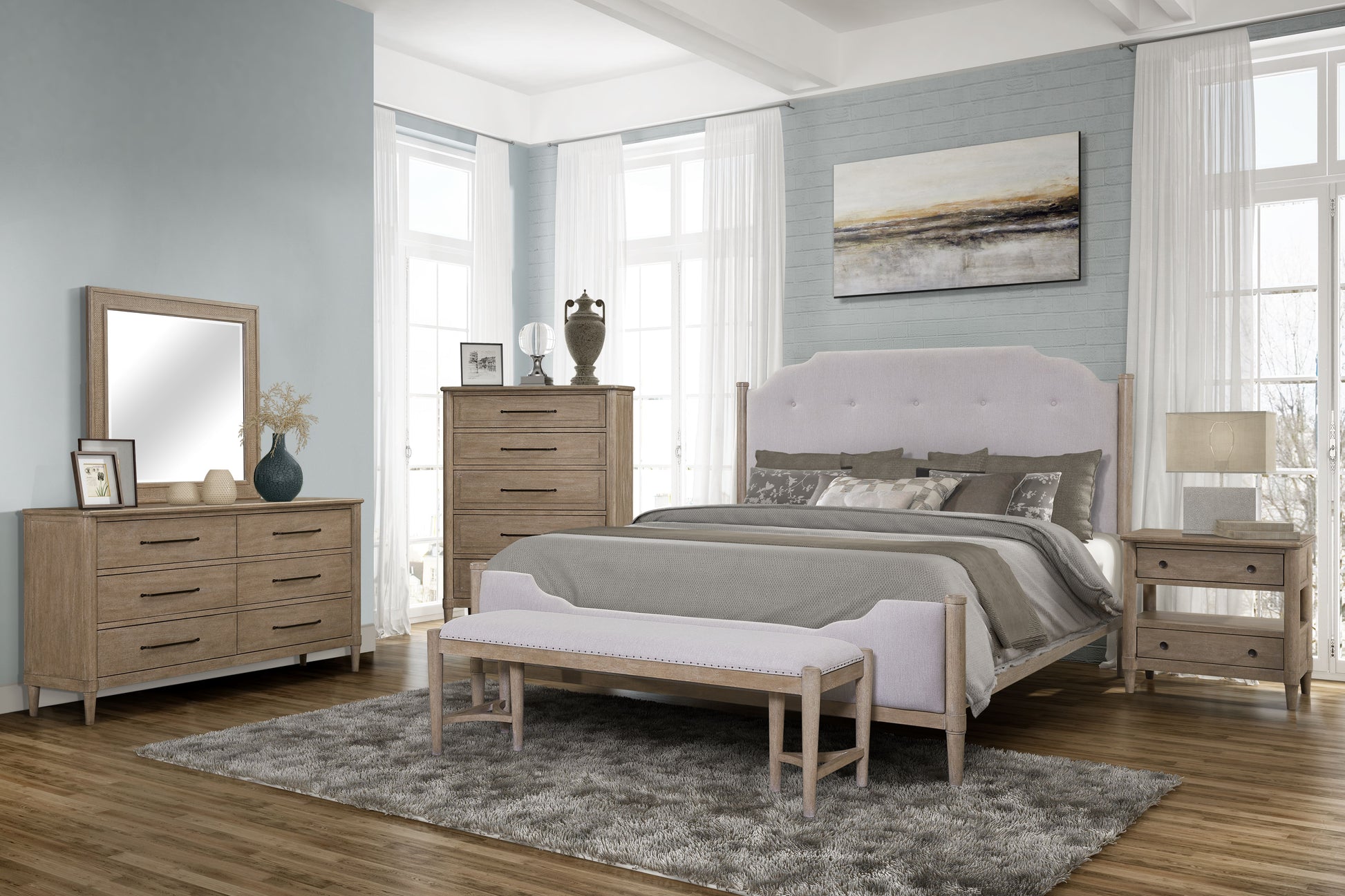 Tufted upholstered light grey bed frame with wooden posts