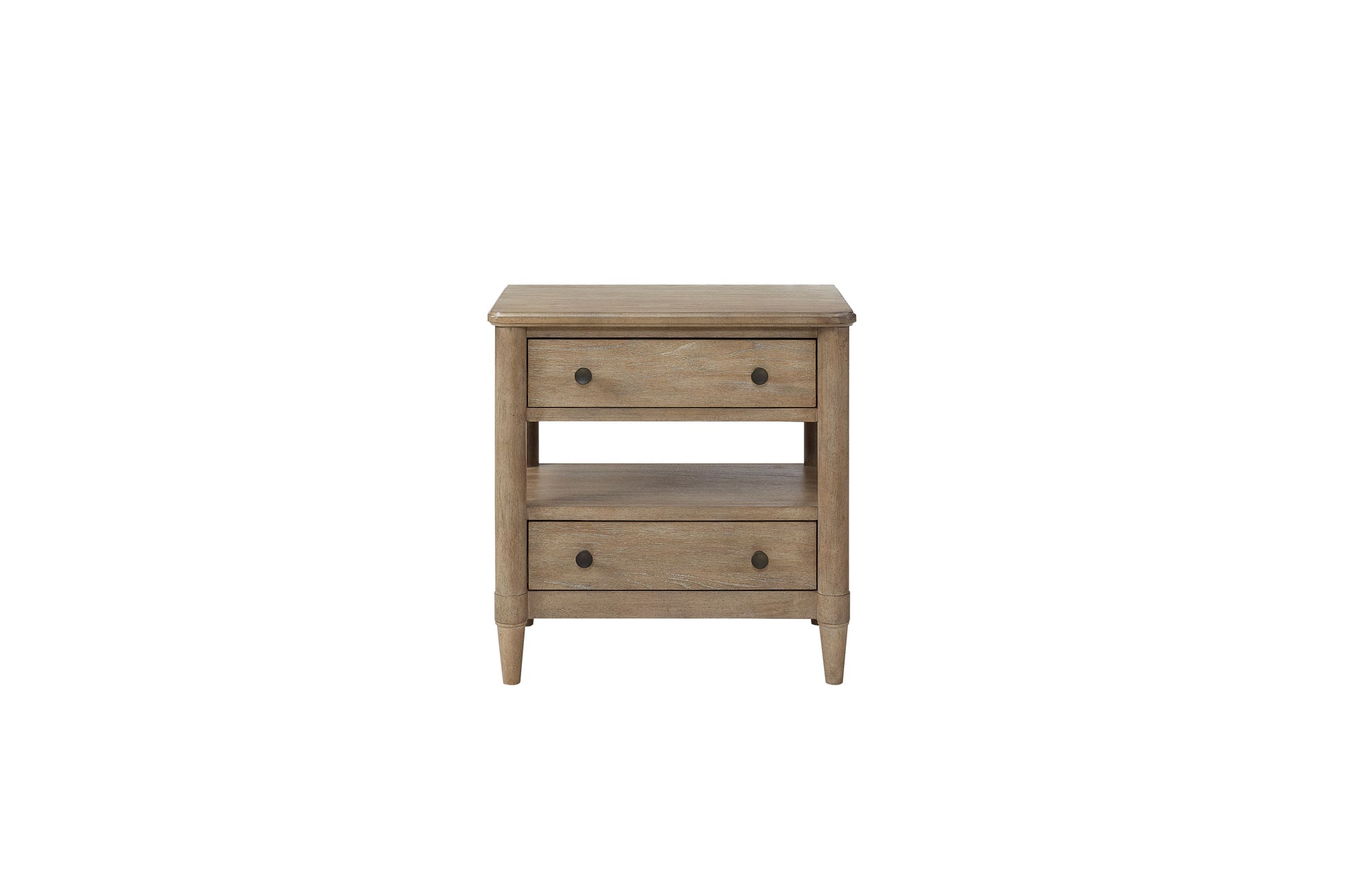 Light oak wood nightstand with two drawers and an open shelf