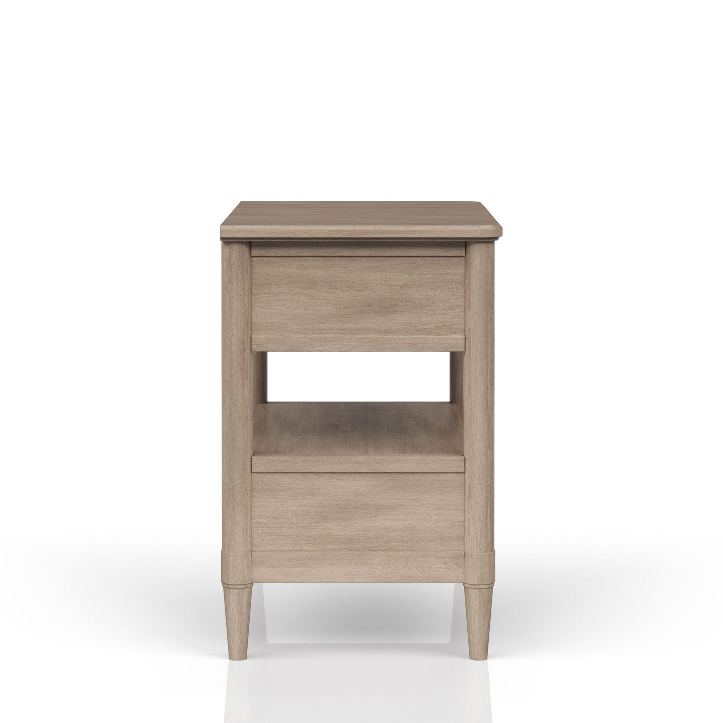 Light oak nightstand with one drawer and an open shelf below