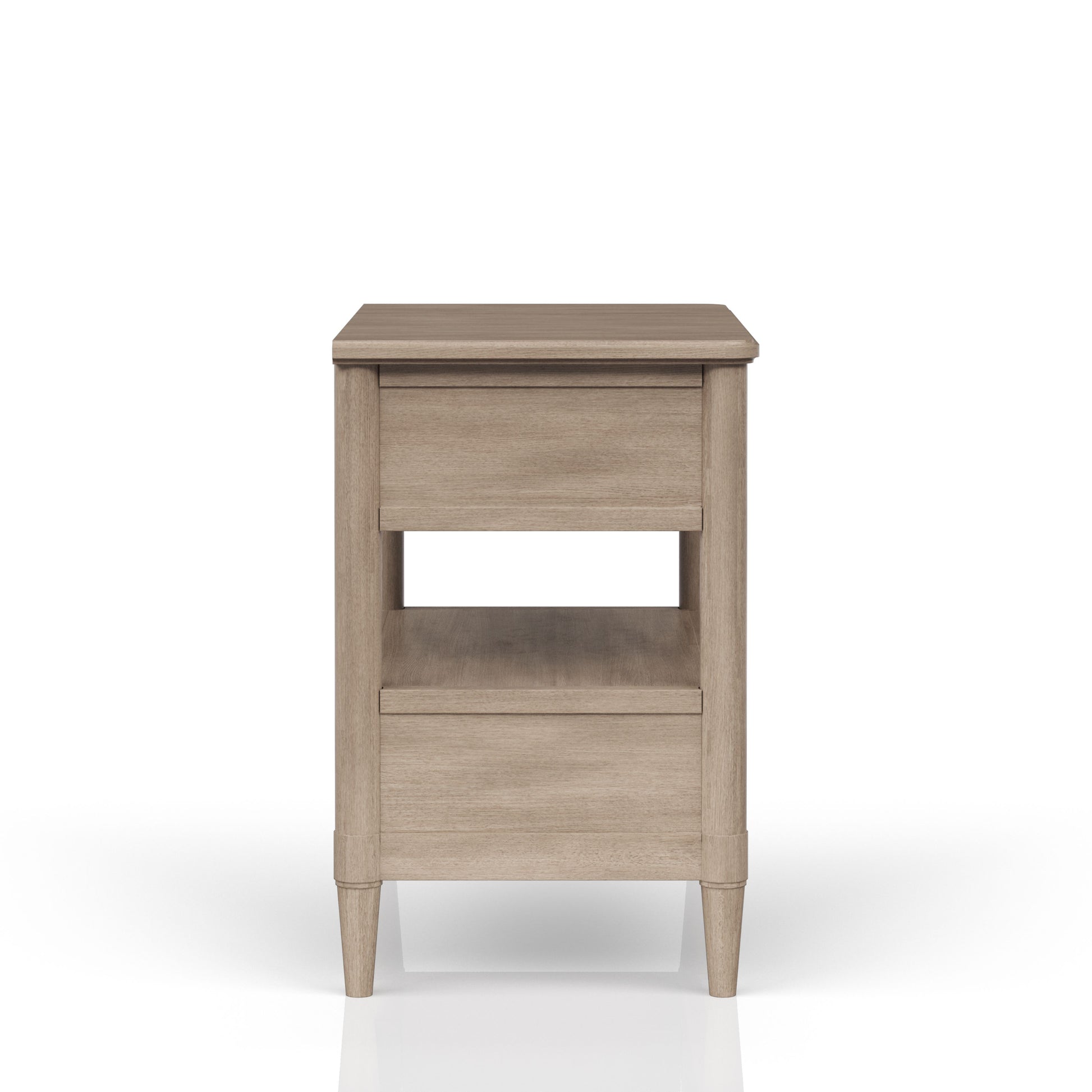 Light oak nightstand with one drawer and an open shelf below