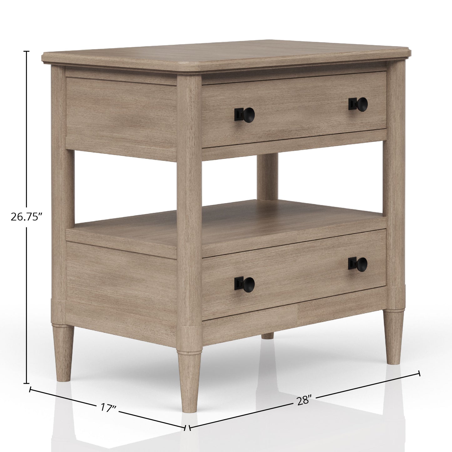 Modern light oak nightstand with two drawers and an open shelf