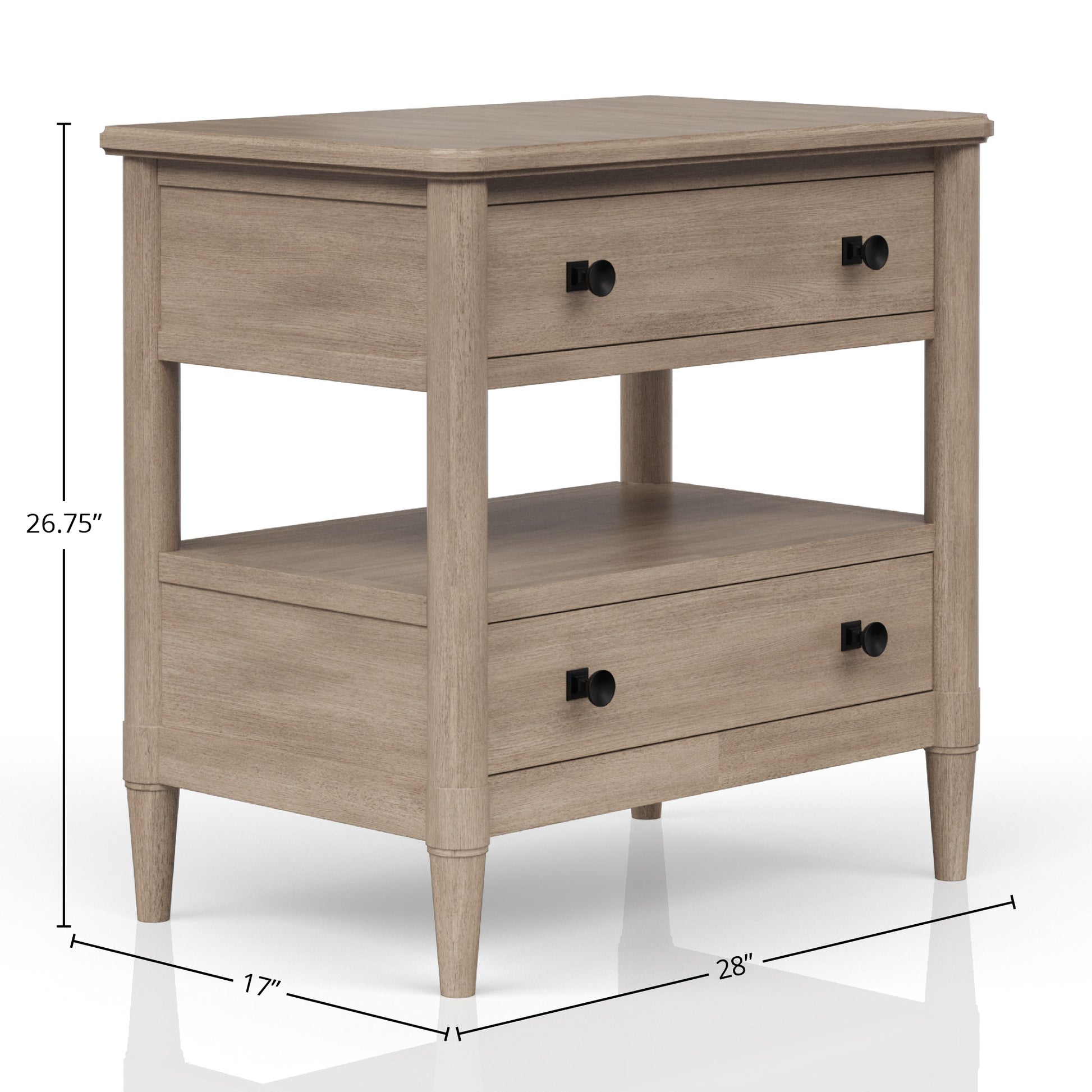 Modern light oak nightstand with two drawers and an open shelf