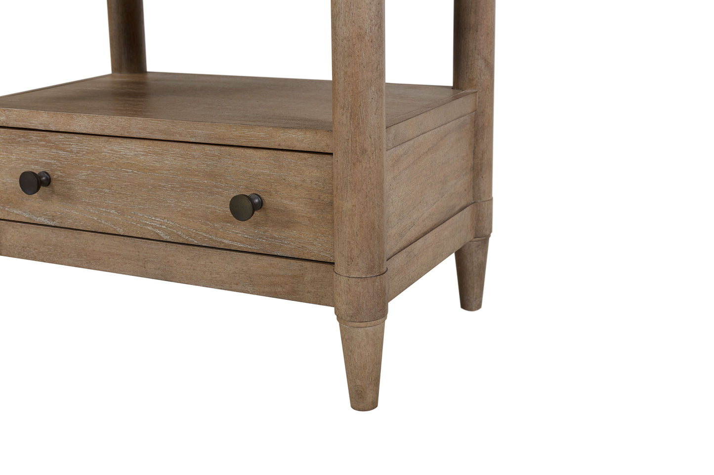 Rustic oak bedside table with two drawers and dark bronze knobs