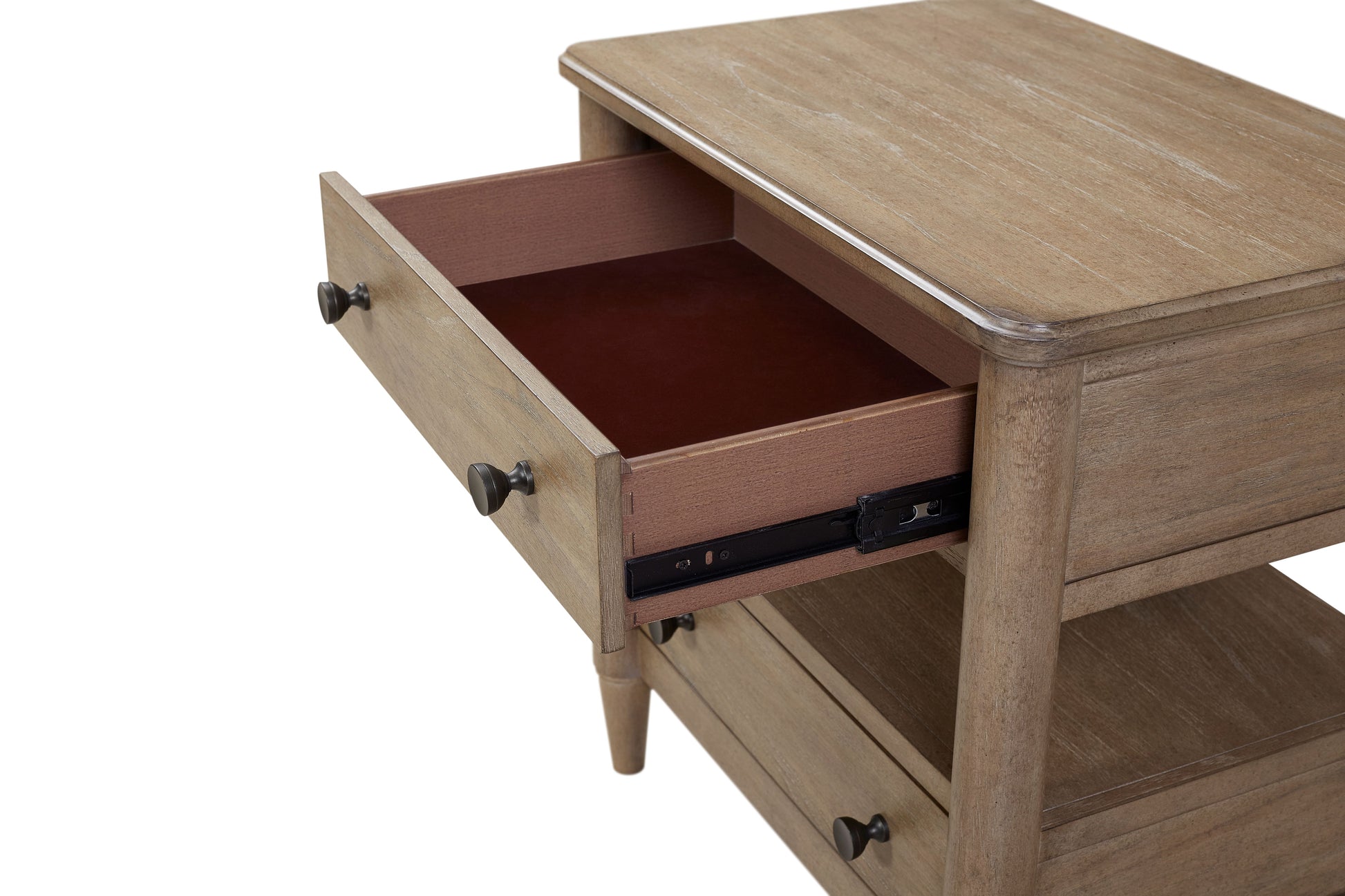 Rustic oak wood nightstand with open drawer and dark metal hardware