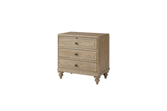 Rustic oak threedrawer nightstand with ornate carved legs and dark metal knobs