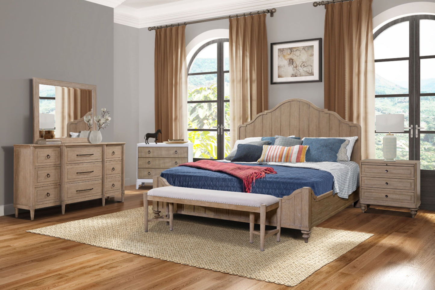 Rustic oak king bed frame with arched headboard and nailhead trim bench