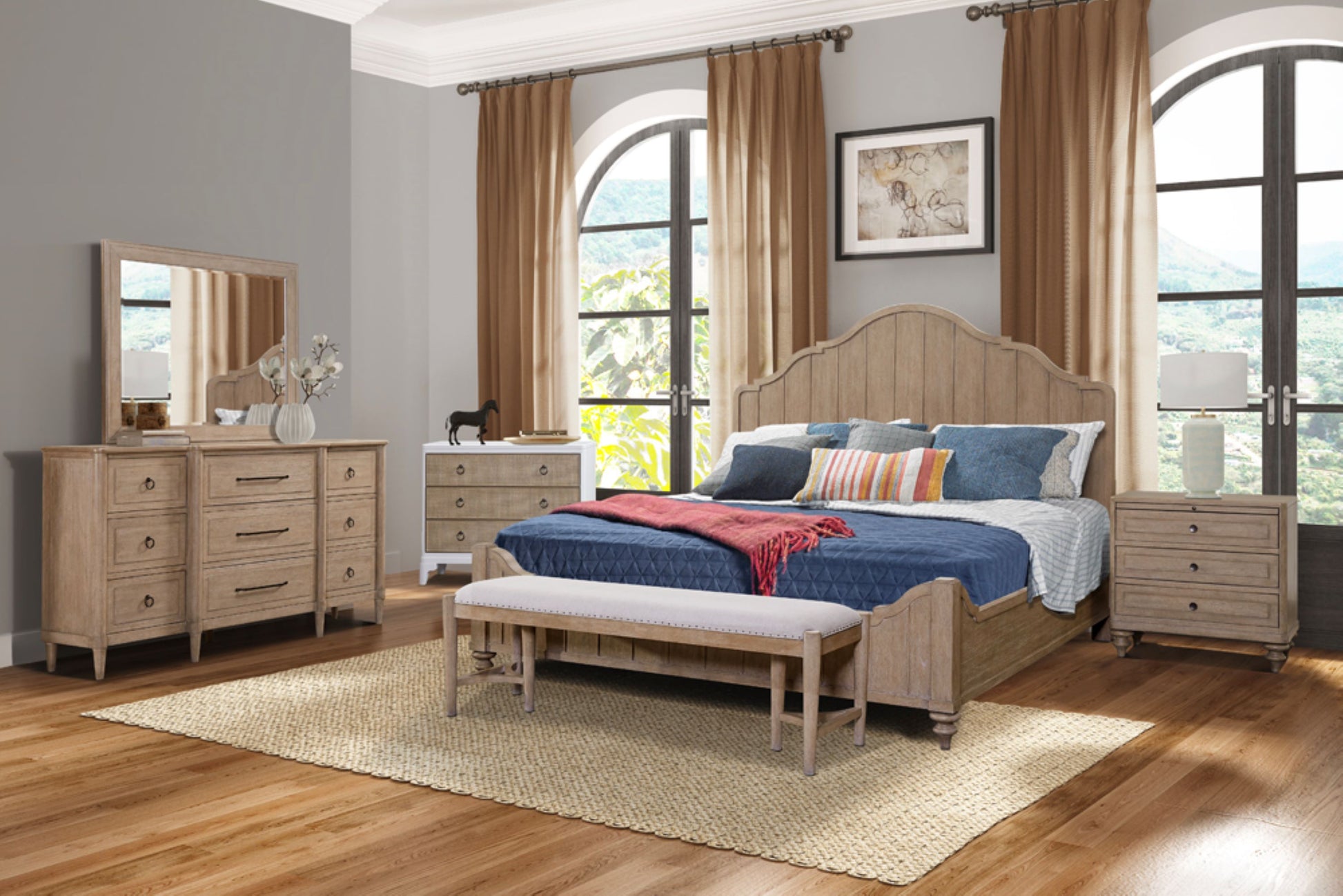 Rustic oak king bed frame with arched headboard and nailhead trim bench