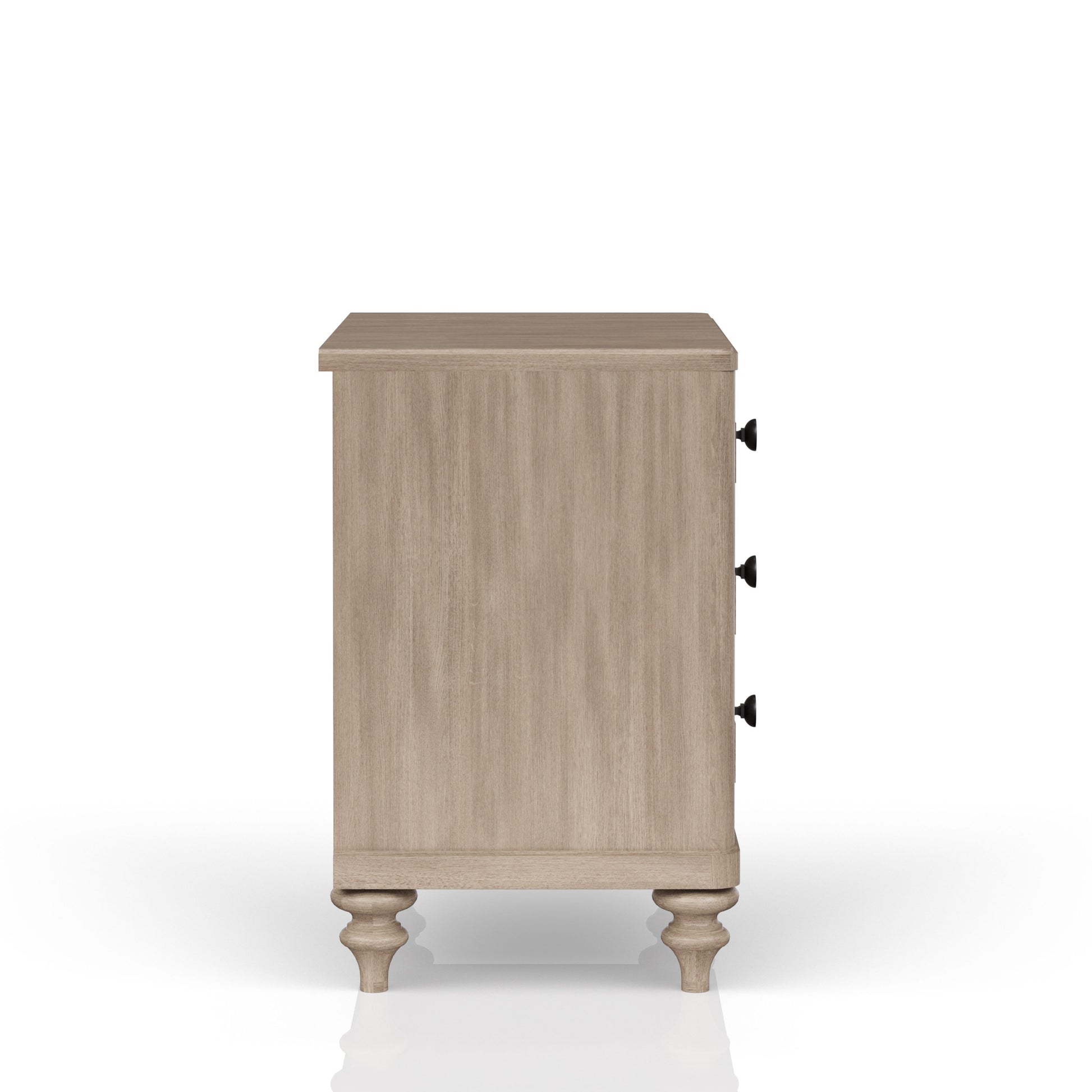 Rustic oak nightstand with three drawers and black knobs