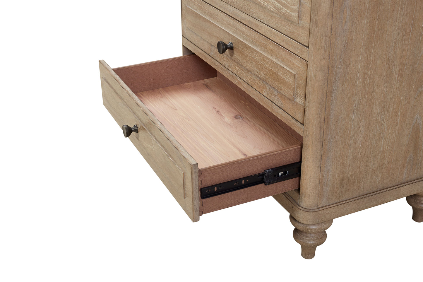 Rustic oak bedside table with an open drawer and bronze knob