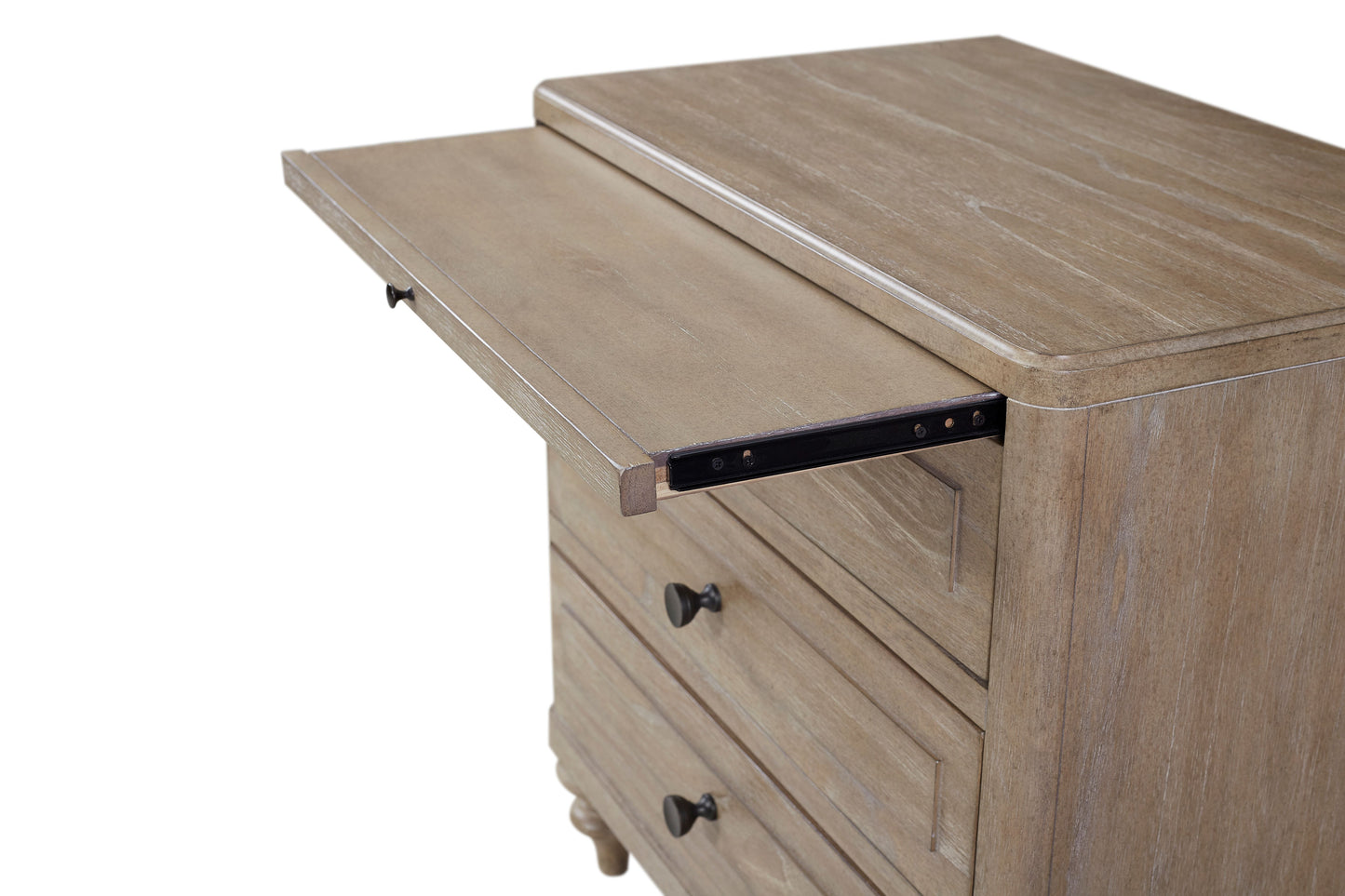 Rustic oak nightstand with pullout tray and three drawers