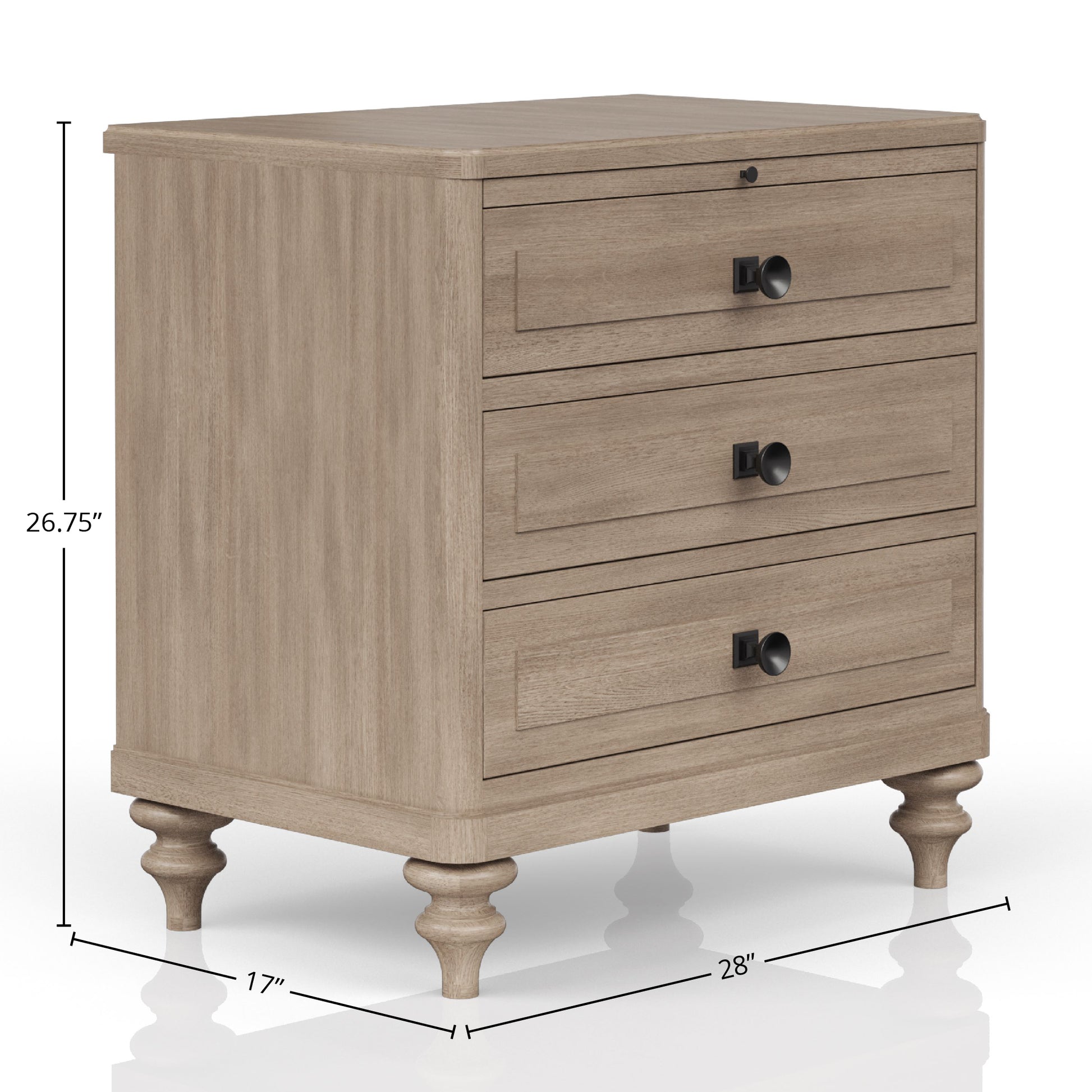 Rustic oak nightstand with three drawers and black knob hardware
