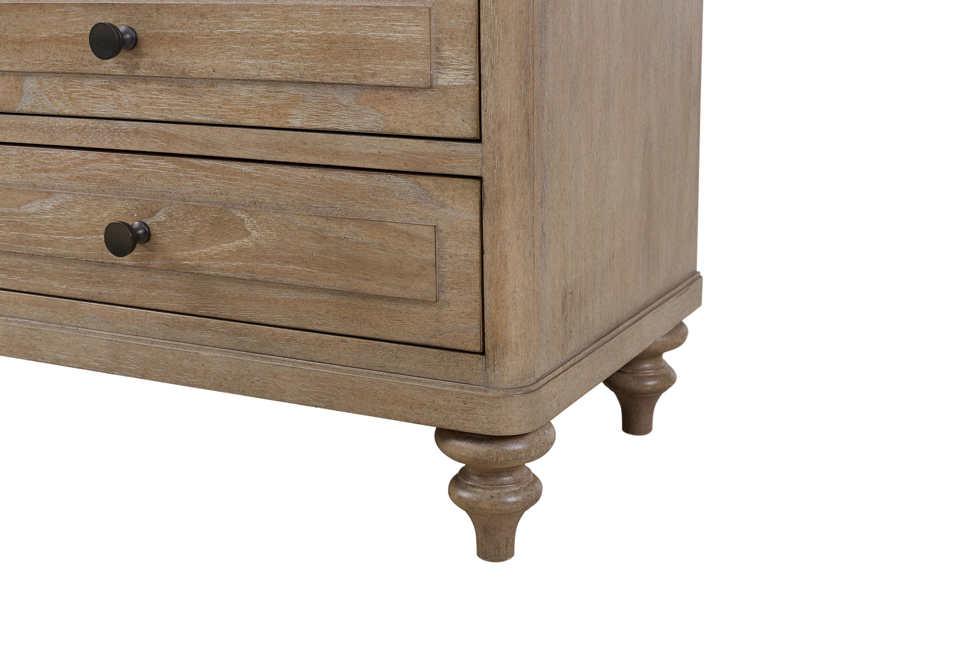 Rustic oak dresser with black knobs and carved legs