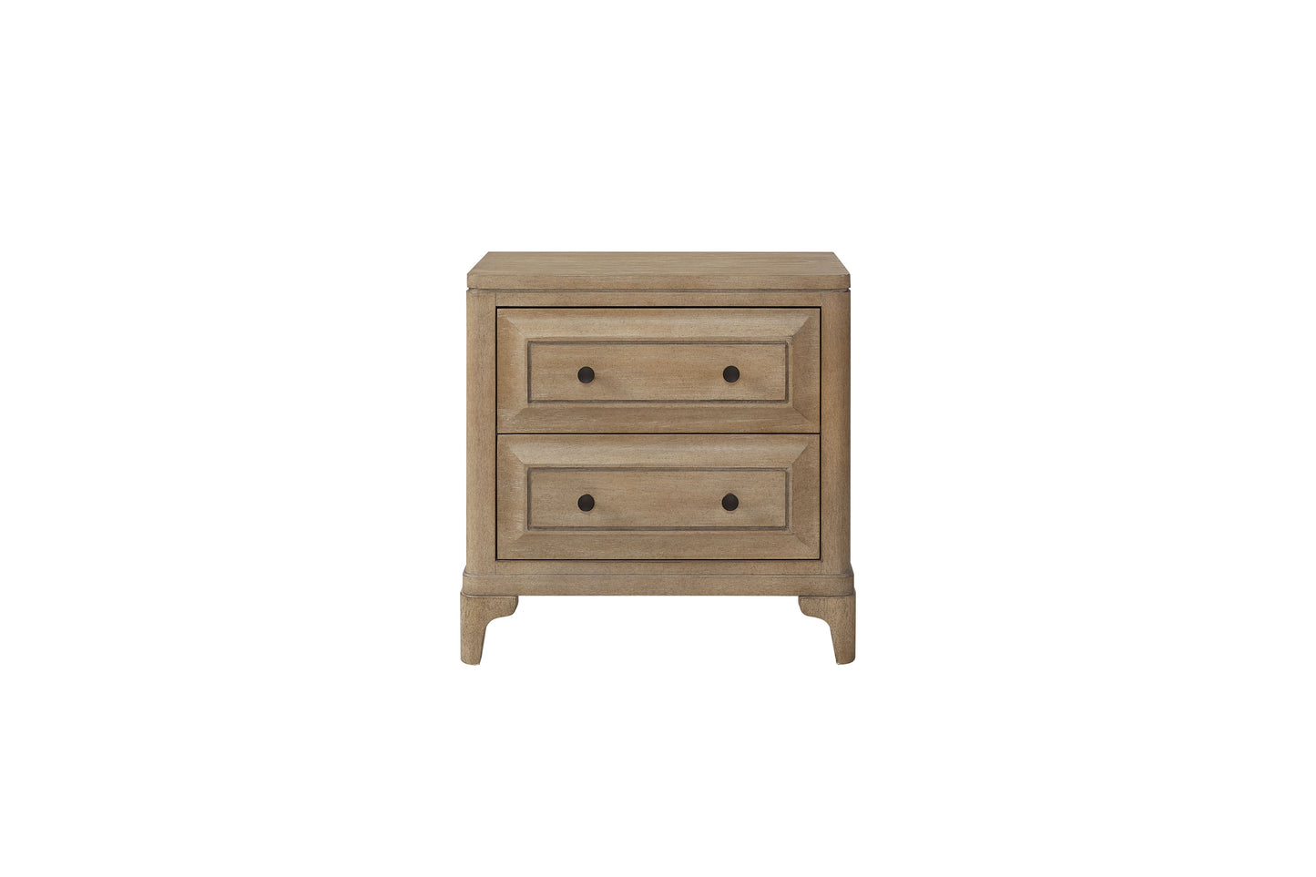 Rustic oak nightstand with two drawers and black knobs