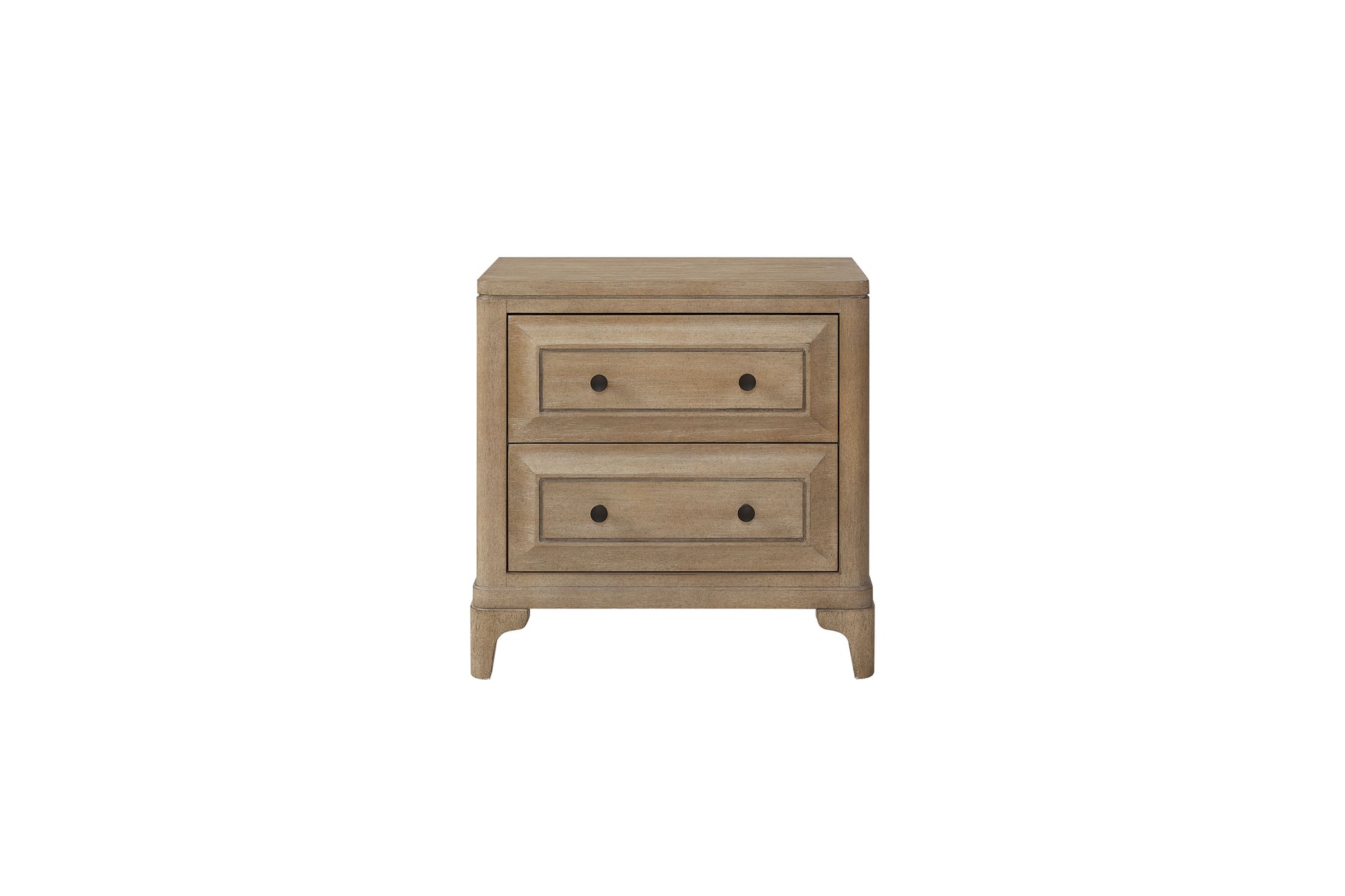 Rustic oak nightstand with two drawers and black knobs