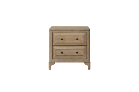 Rustic oak nightstand with two drawers and black knobs