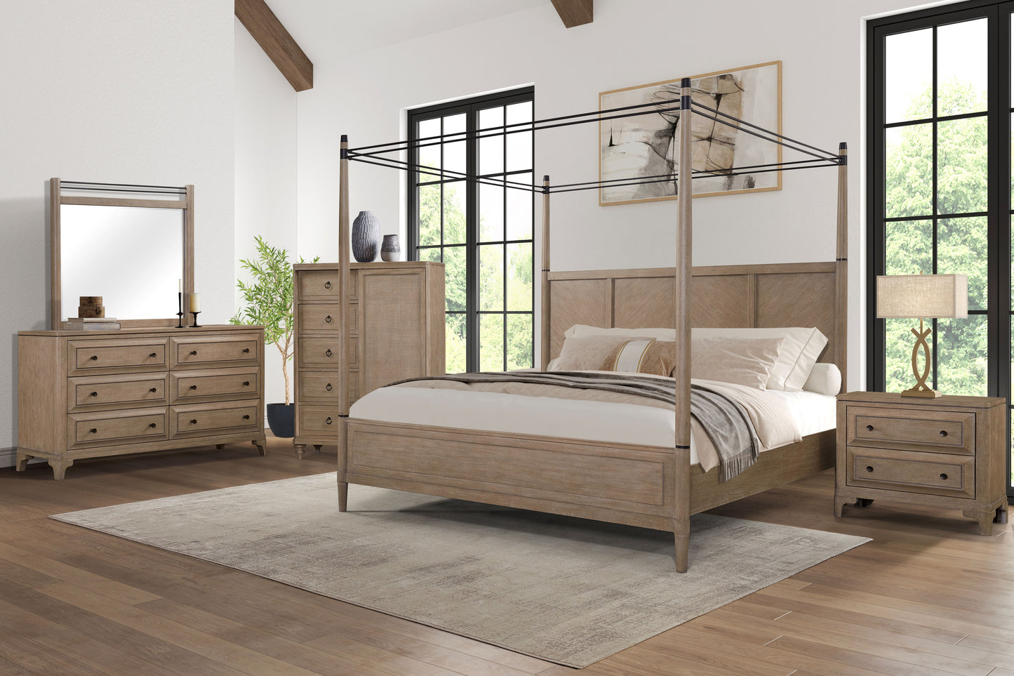 Light oak wood fourposter canopy bed with upholstered headboard and neutral bedding
