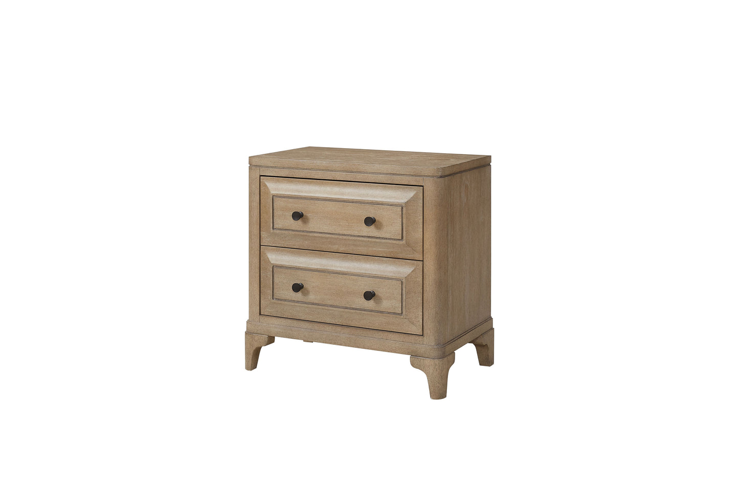Rustic oak twodrawer nightstand with black knob hardware and carved detailing on drawers